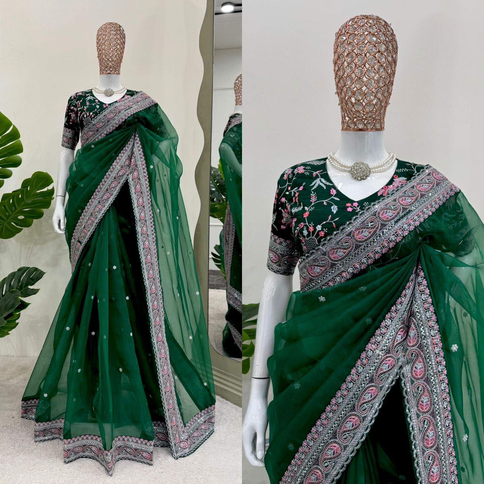 Glimmering Thred With Sequence Work Green Color Designer Saree