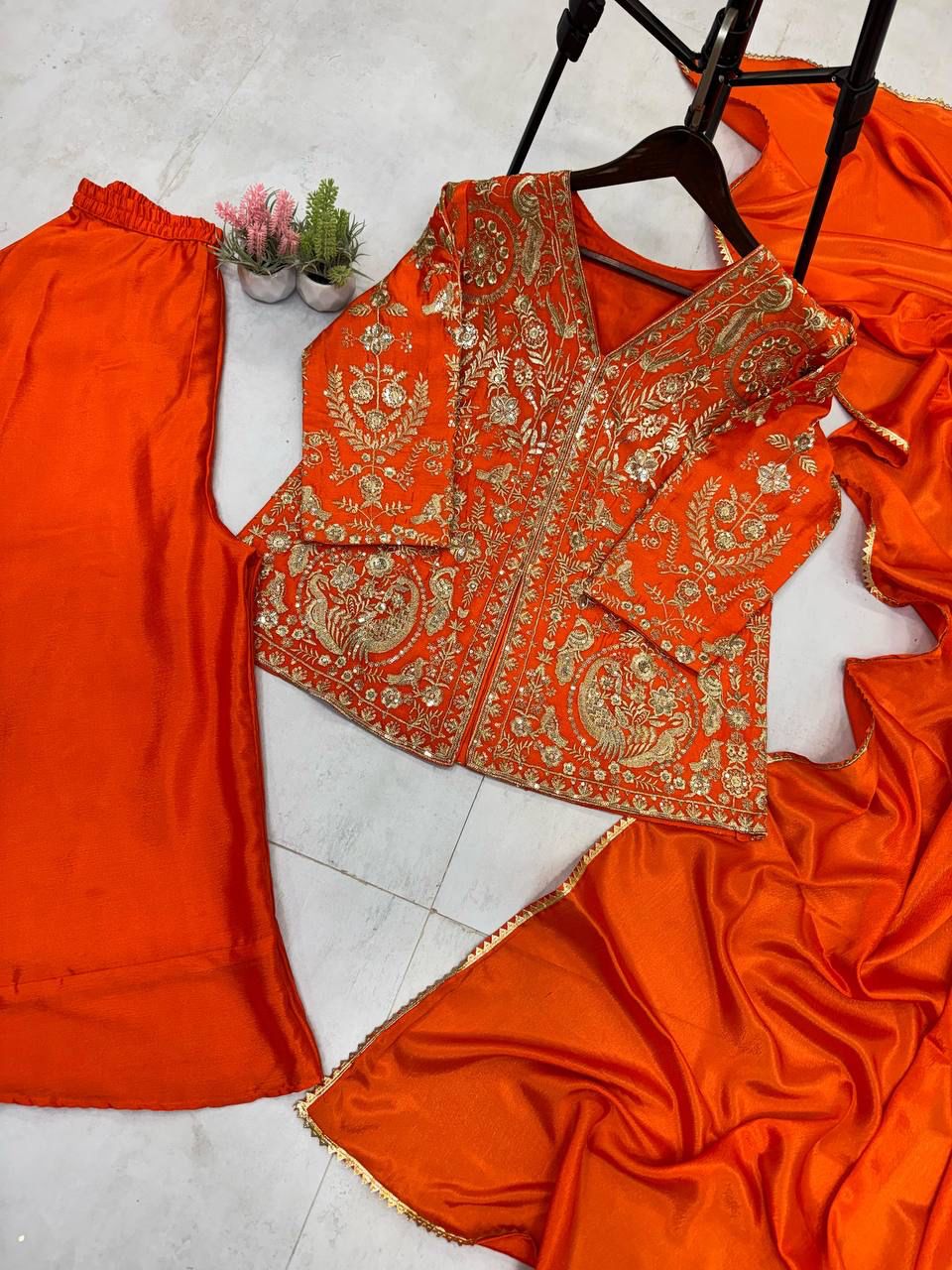 Designer Chinon Embroidery Work Orange Color Sharara Suit