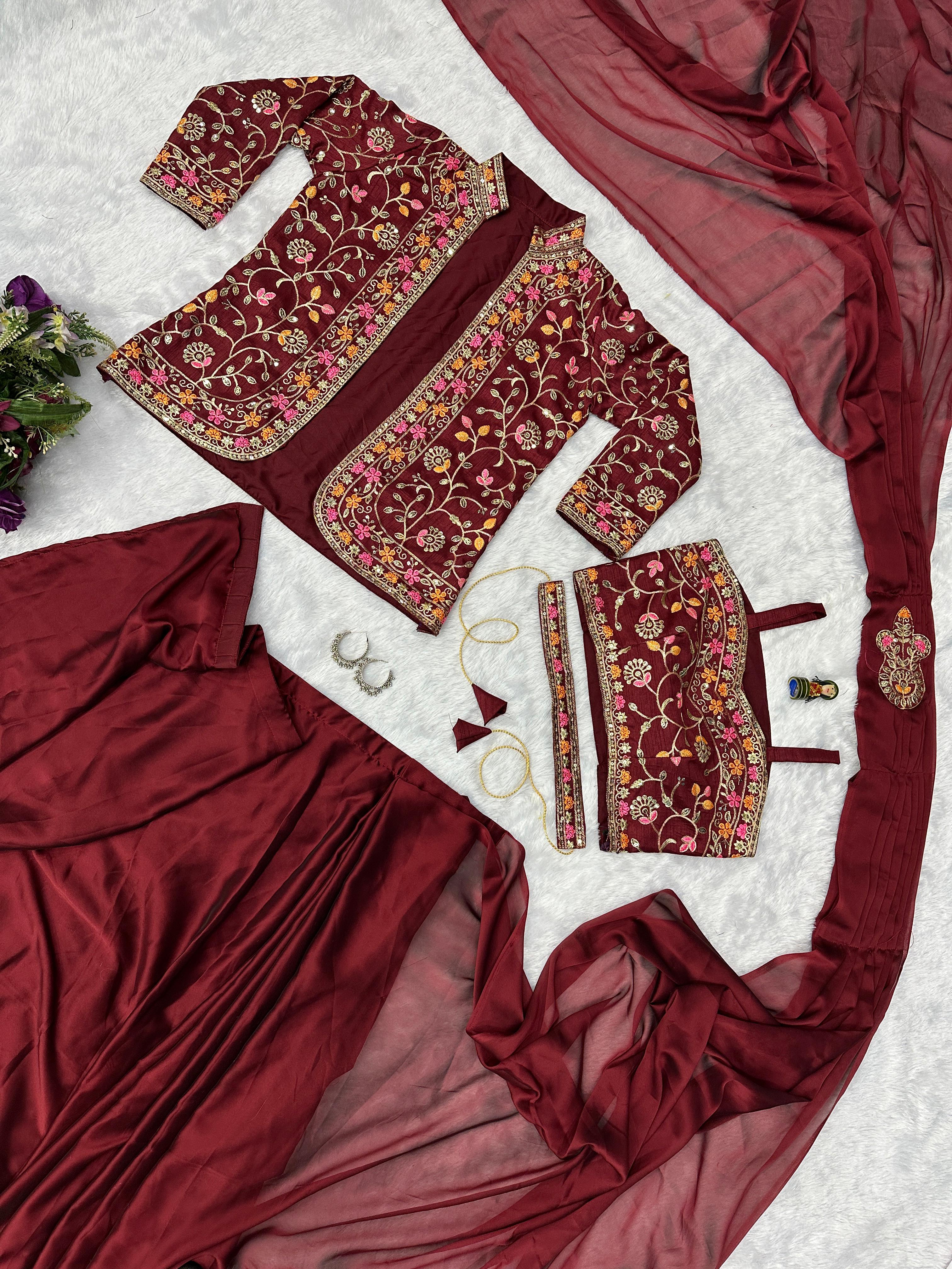 Wedding Wear Rangoli Silk Maroon Color Saree With Koti