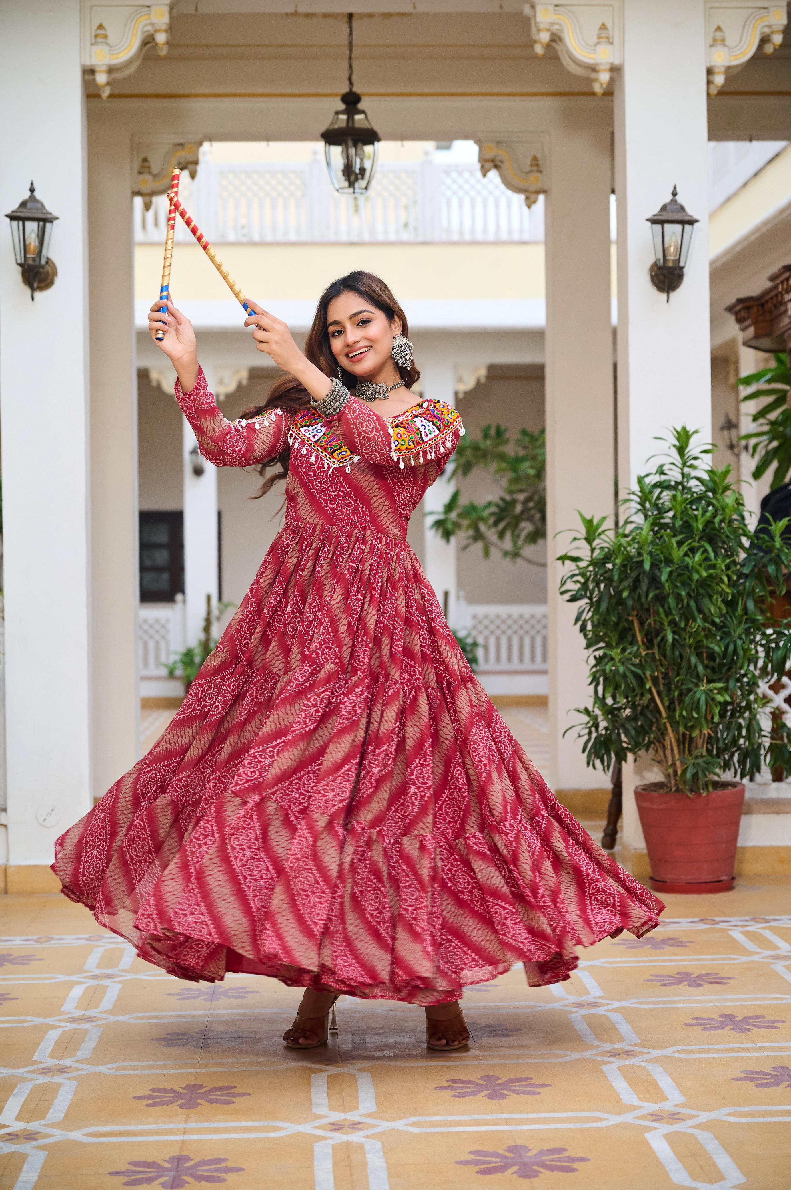Designer Bandhani Printed Red Color Navratri Gown