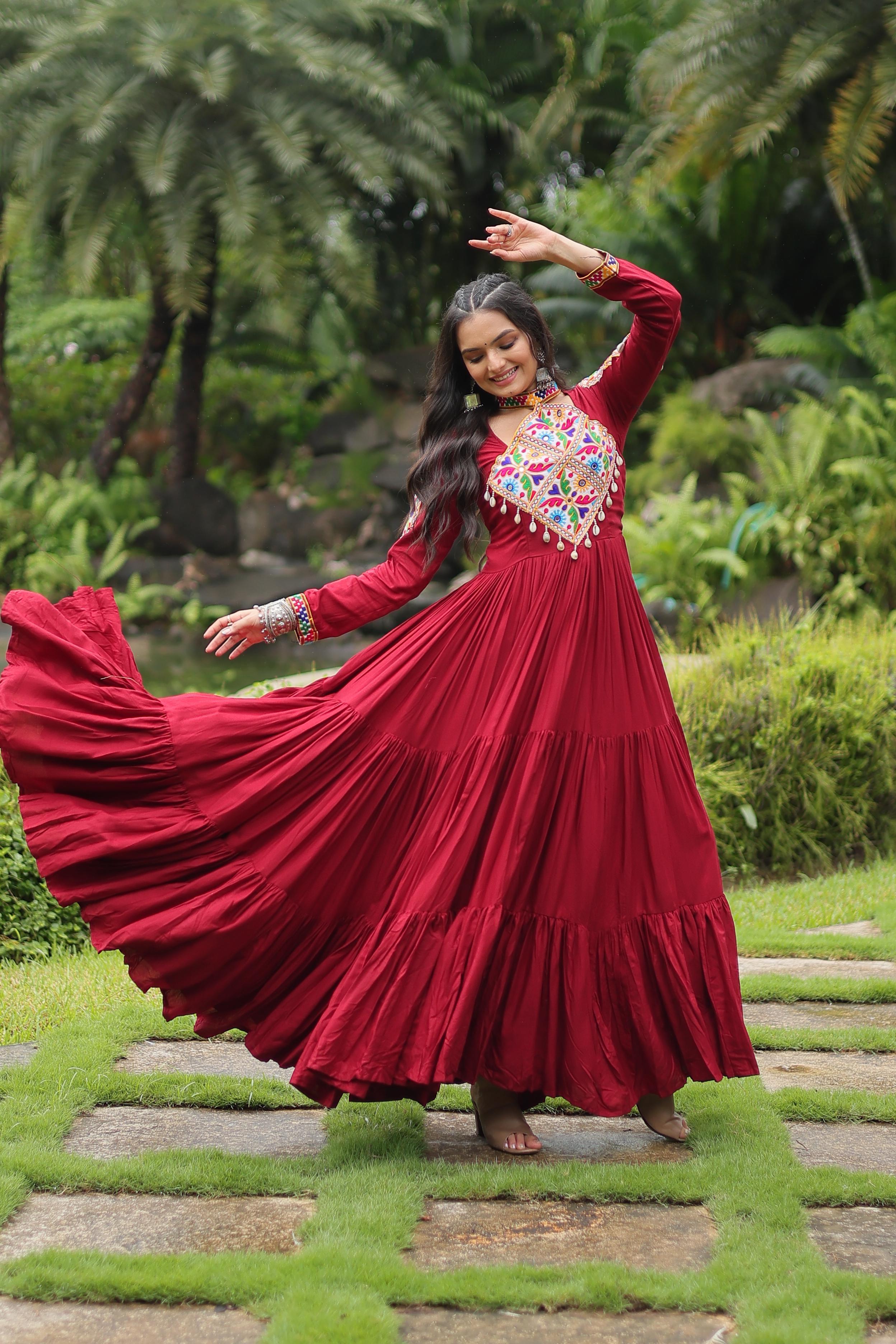 Garba Special Kutchi Gamthi Work Maroon Color Gown