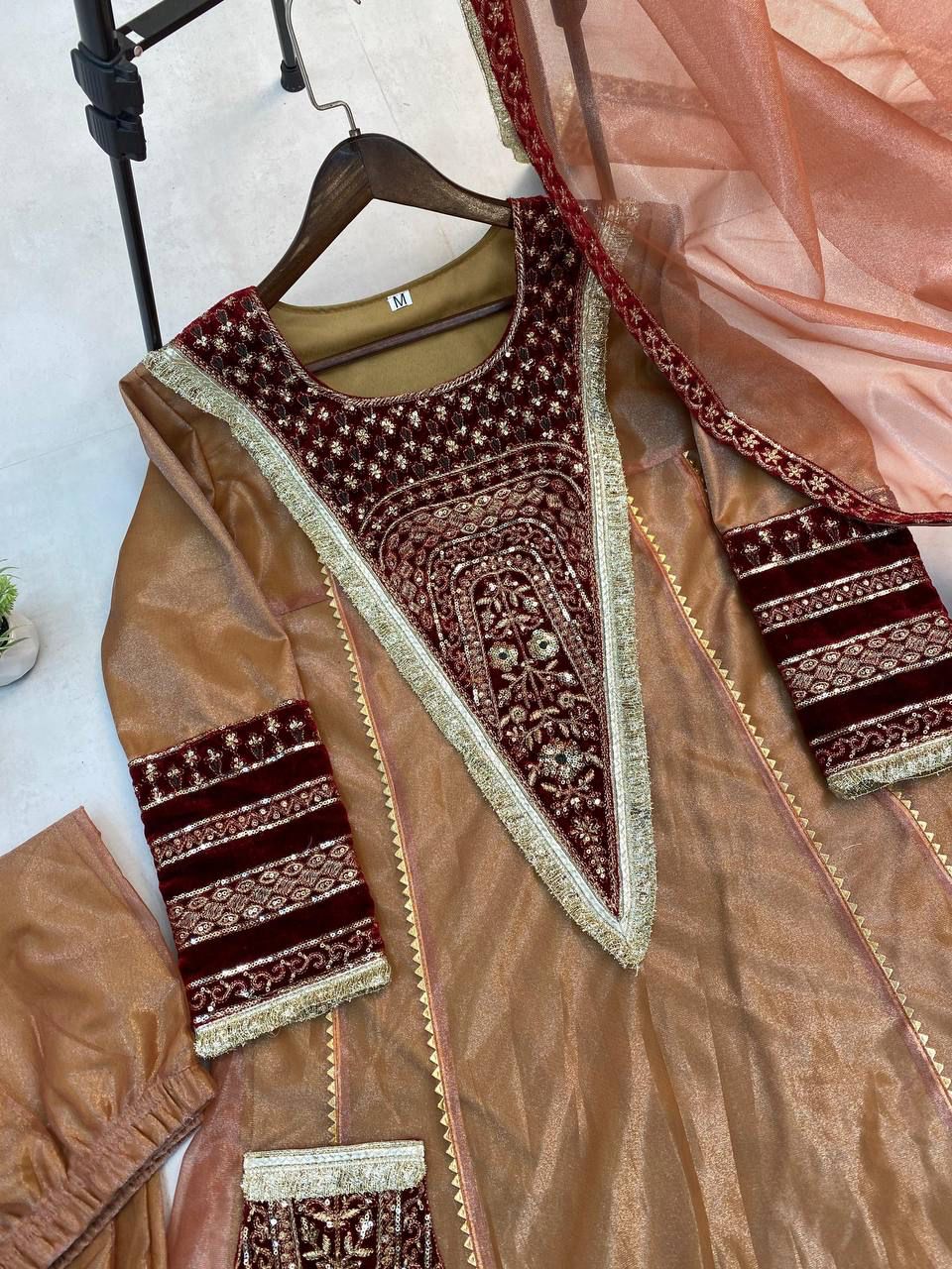 Demanding Embroidery Sequence Work Brown Color Gown