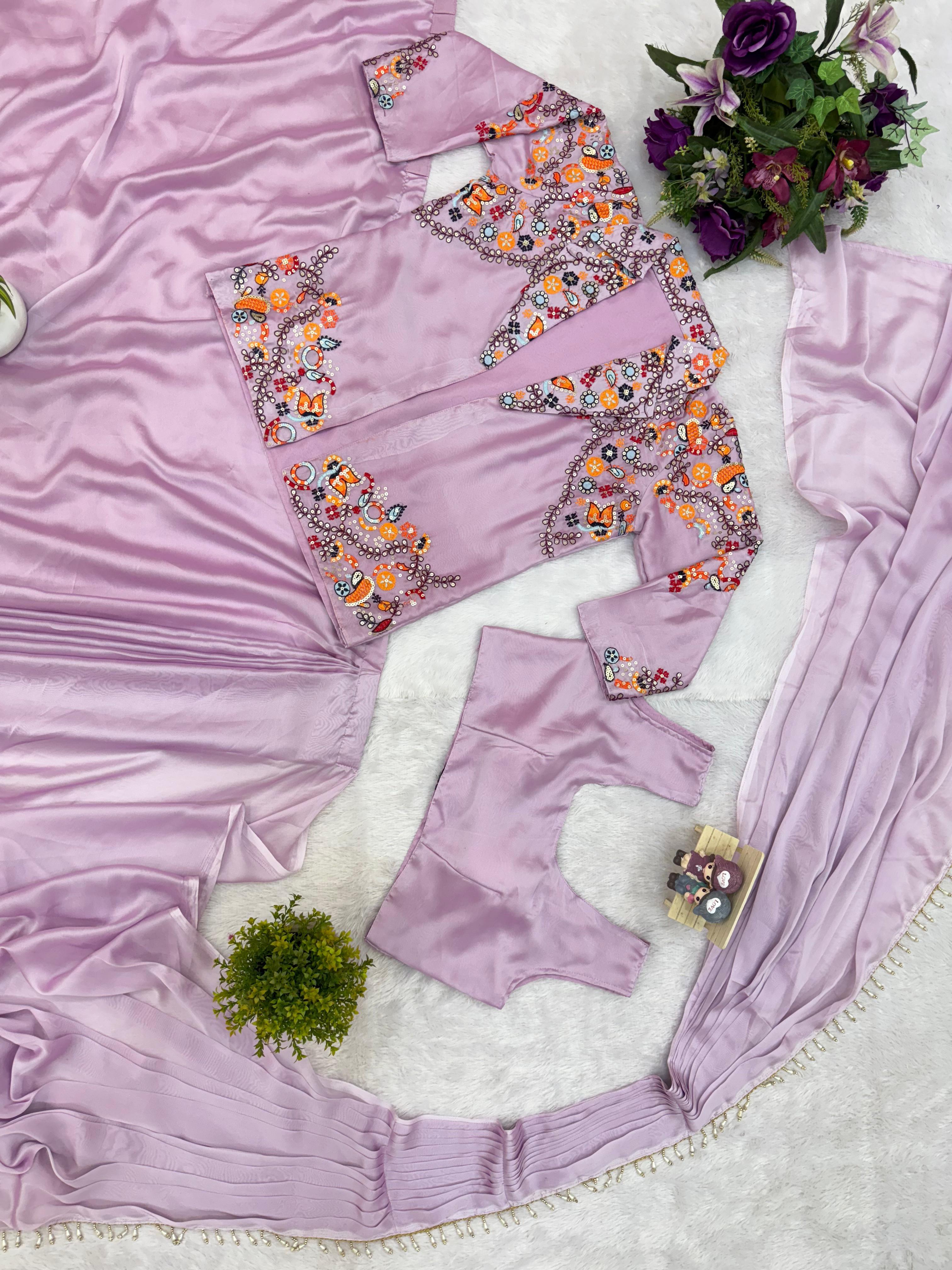 Ravishing Purple Rangoli Silk Embroidery Koti With Draped Saree