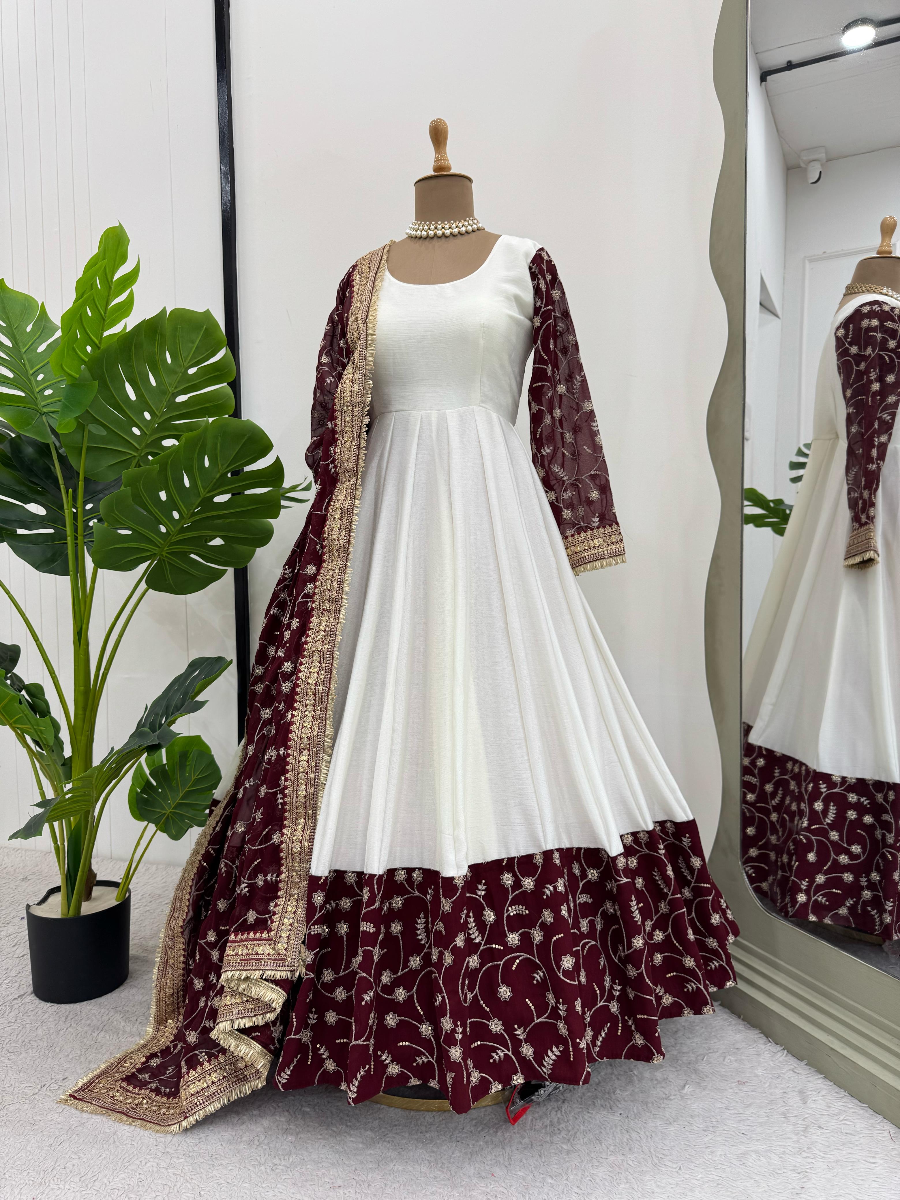 Peaceful Chinon Sequence Work White Color Gown