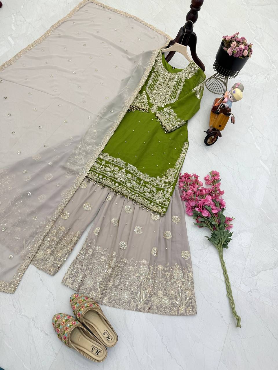 Glimmering Georgette Perrot Color Sharara Suit