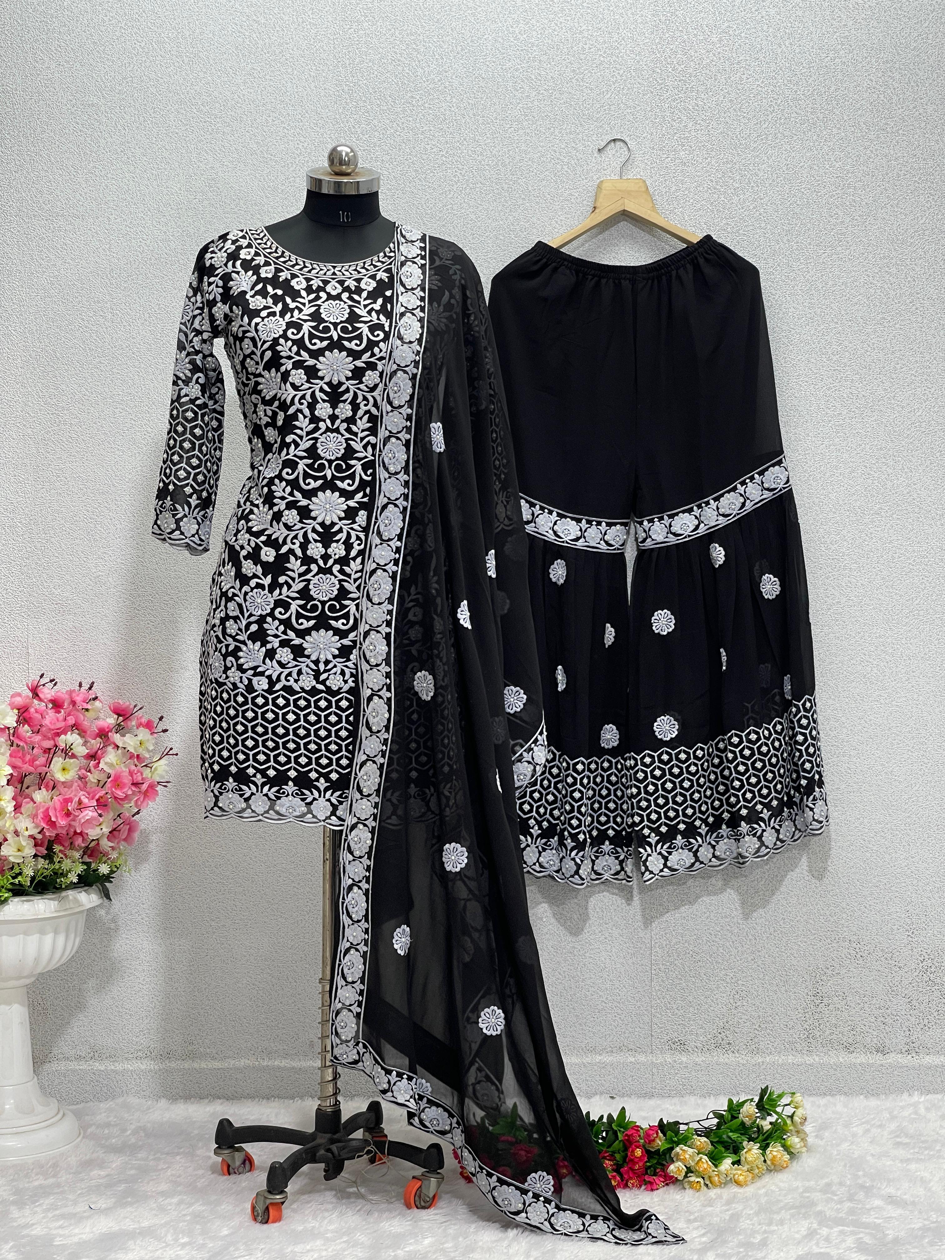 Amazing  Black  Color  Georgette Embroidery Work Sahara Suit