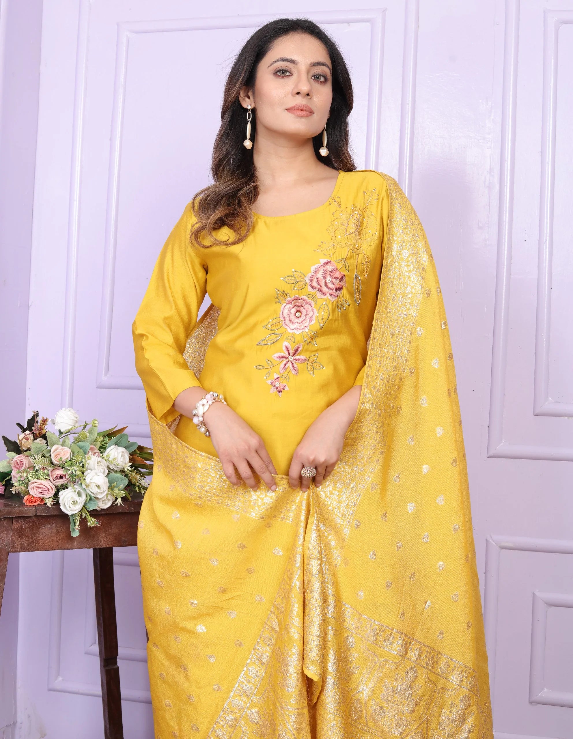 Elegant Yellow Russian Silk Salwar Suit With Banarasi Dupatta