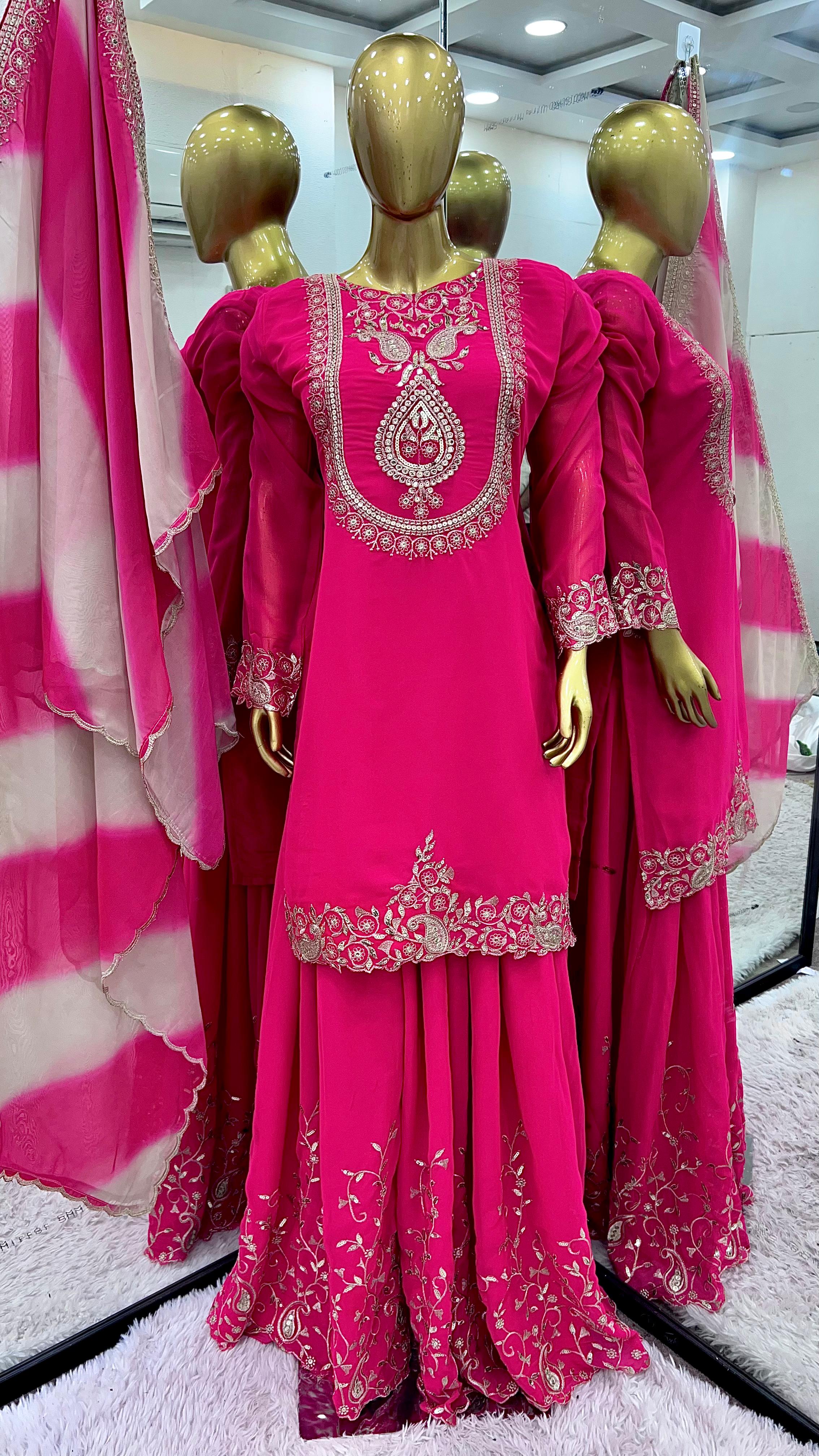 Delightful Georgette Sequence Work Pink Color Sharara Suit