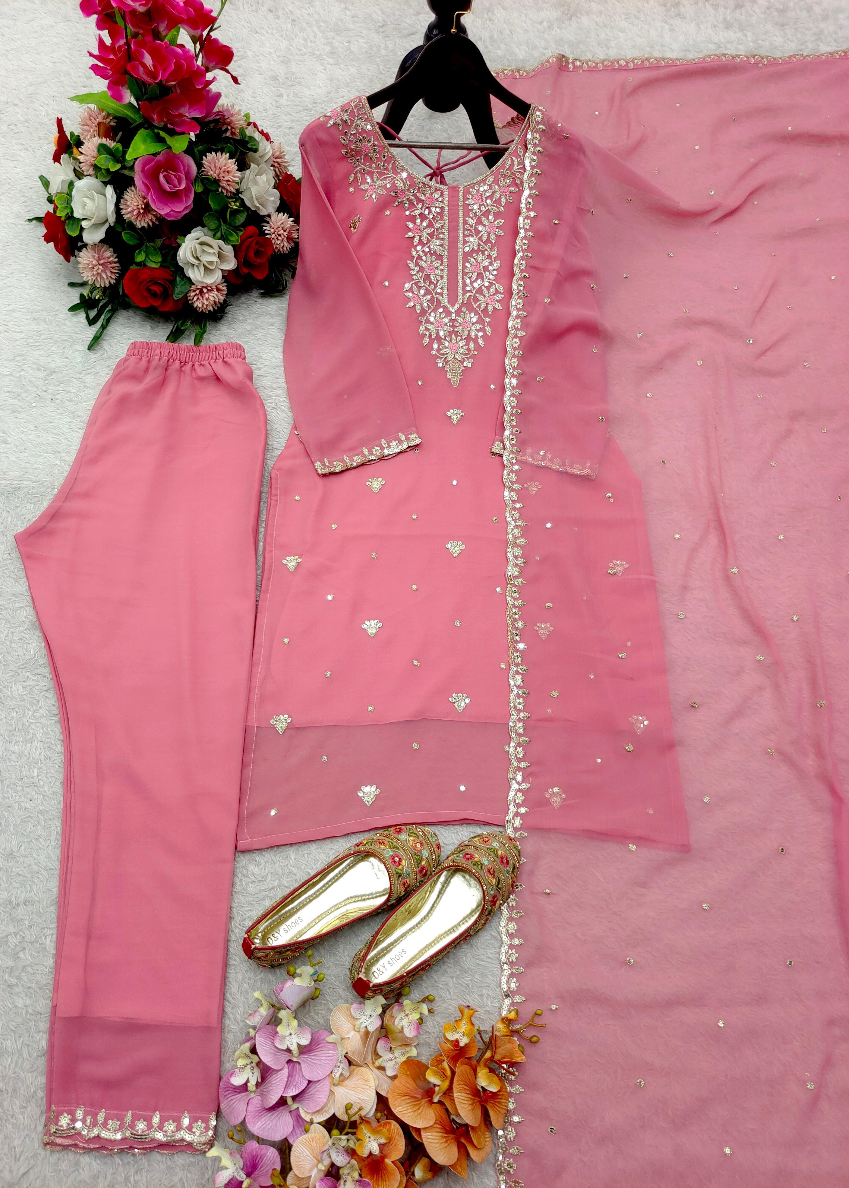 Lovely Pink Georgette Sequence Work Straight Salwar Suit