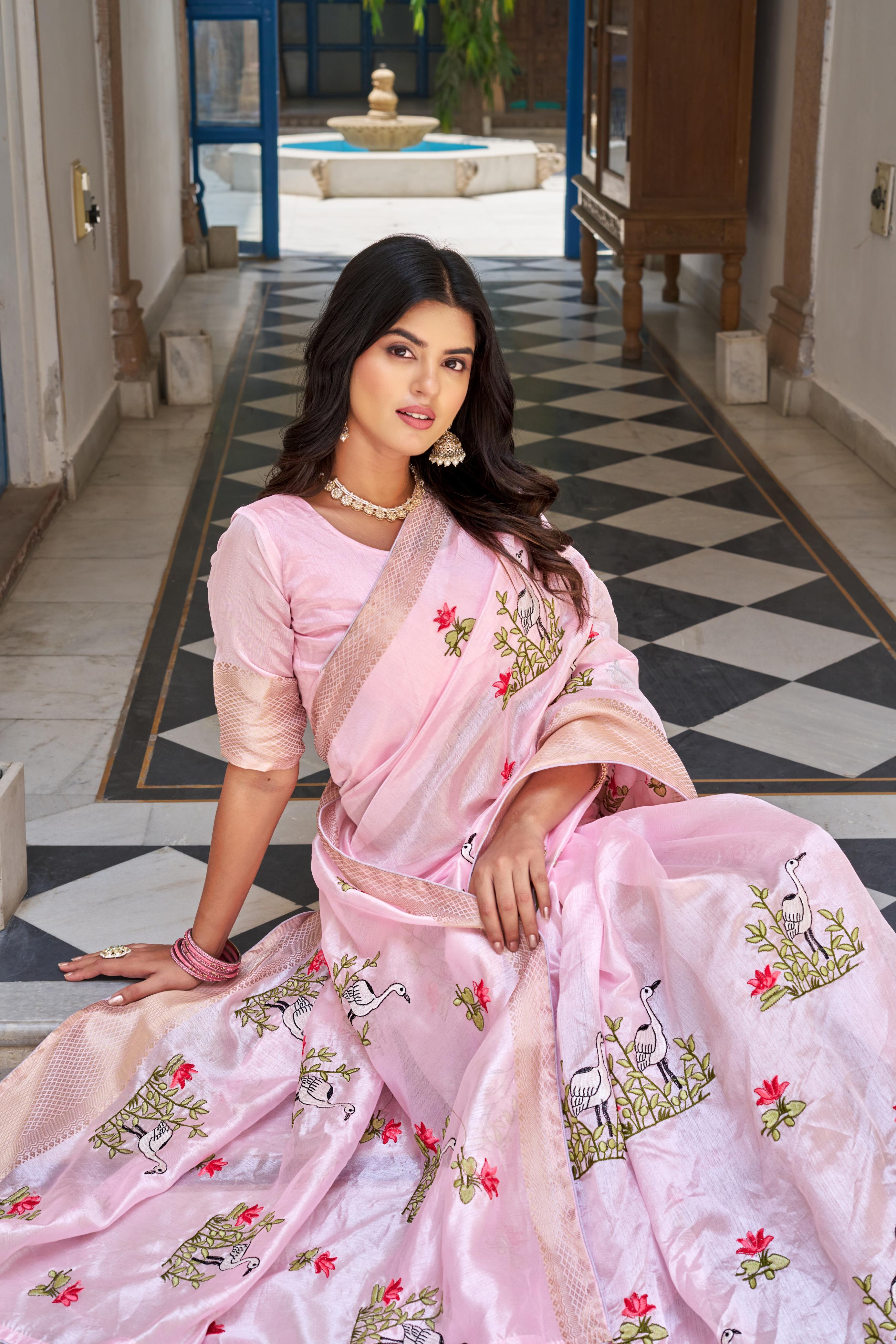 Attractive Embroidered Work Pink Color Saree