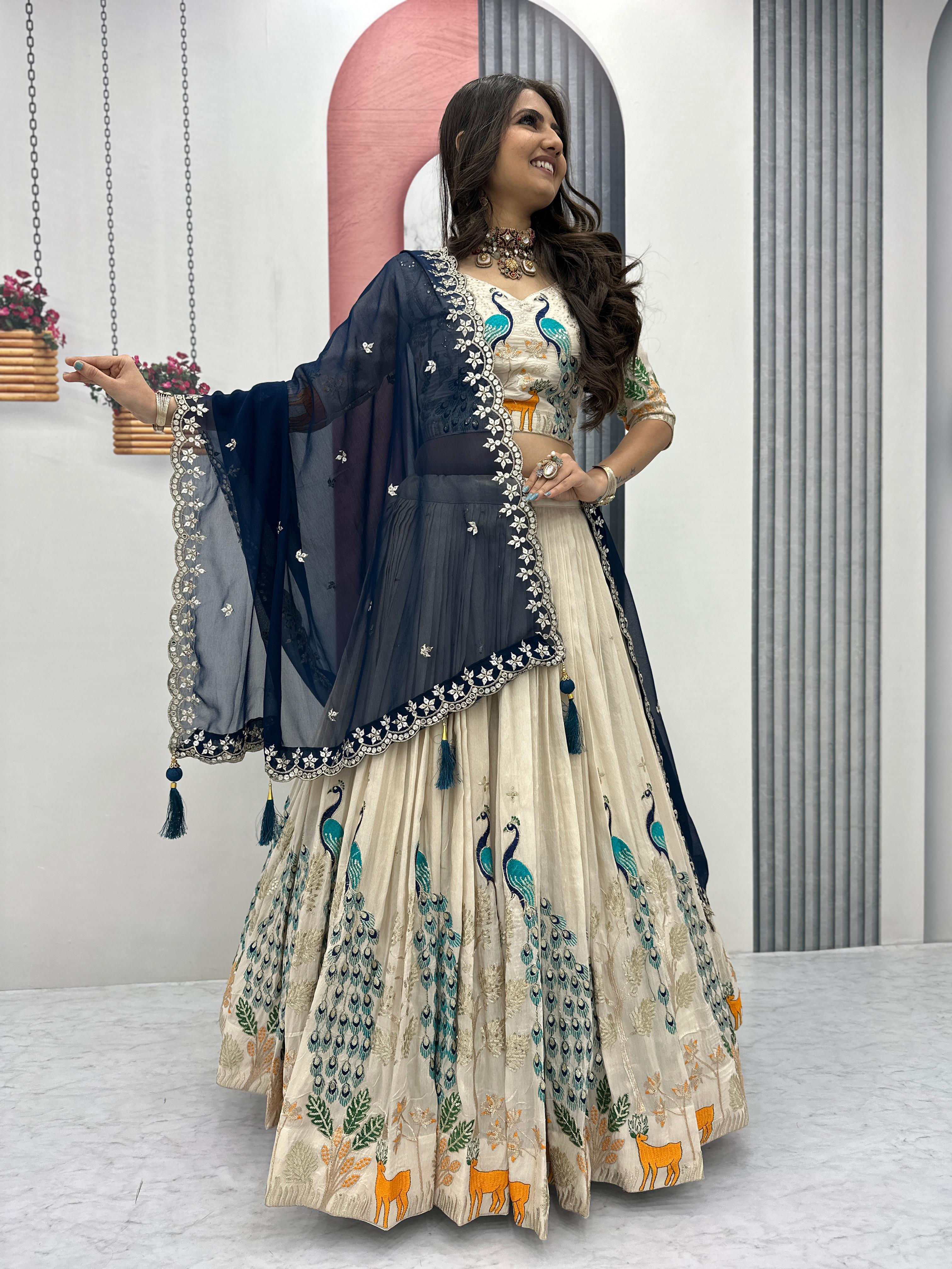 Pattern Wedding & Party Wear White Color With Blue Dupatta Lehenga Choli