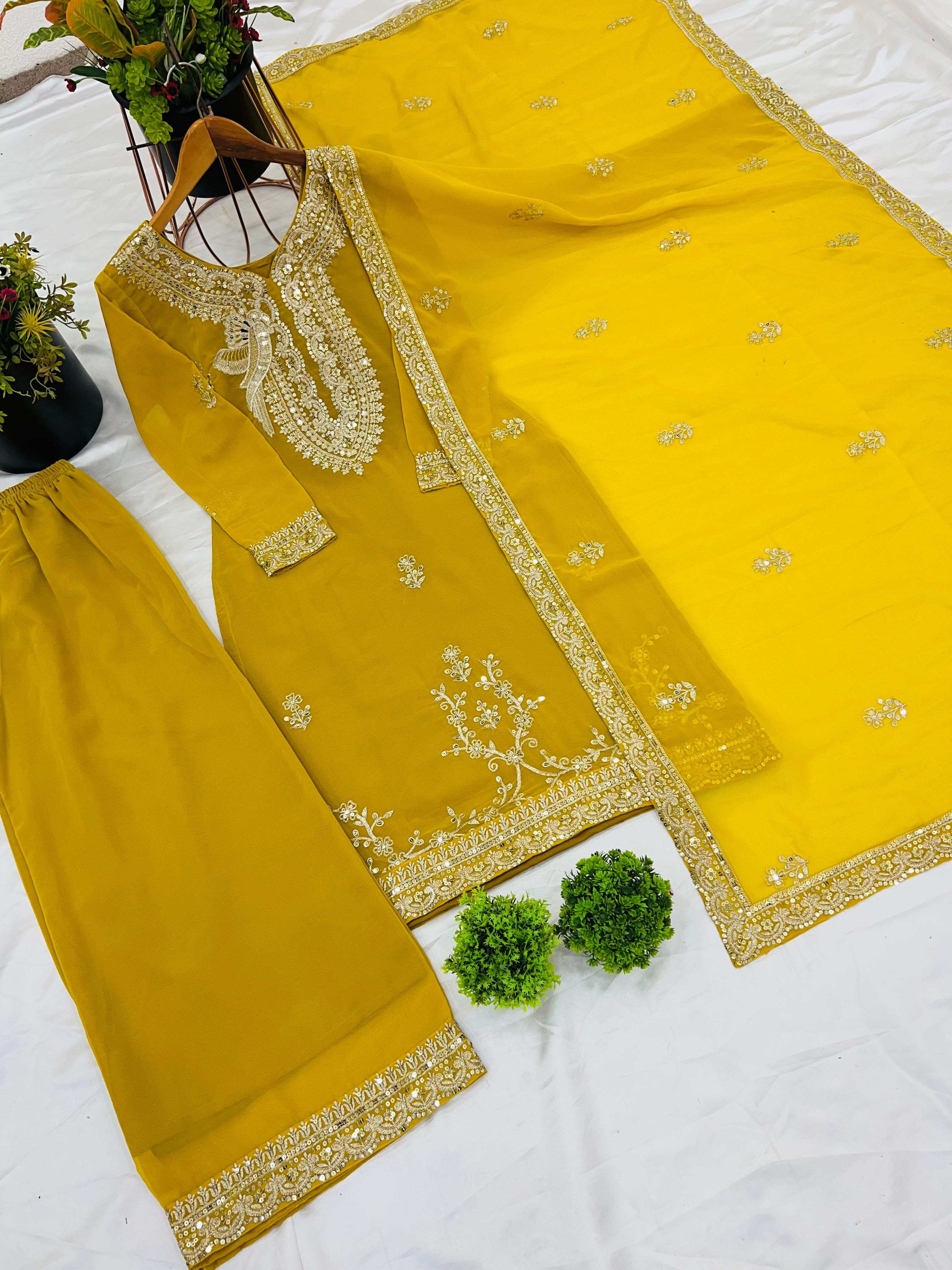 Outstanding Yellow Color Sequence Work Palazzo Suit