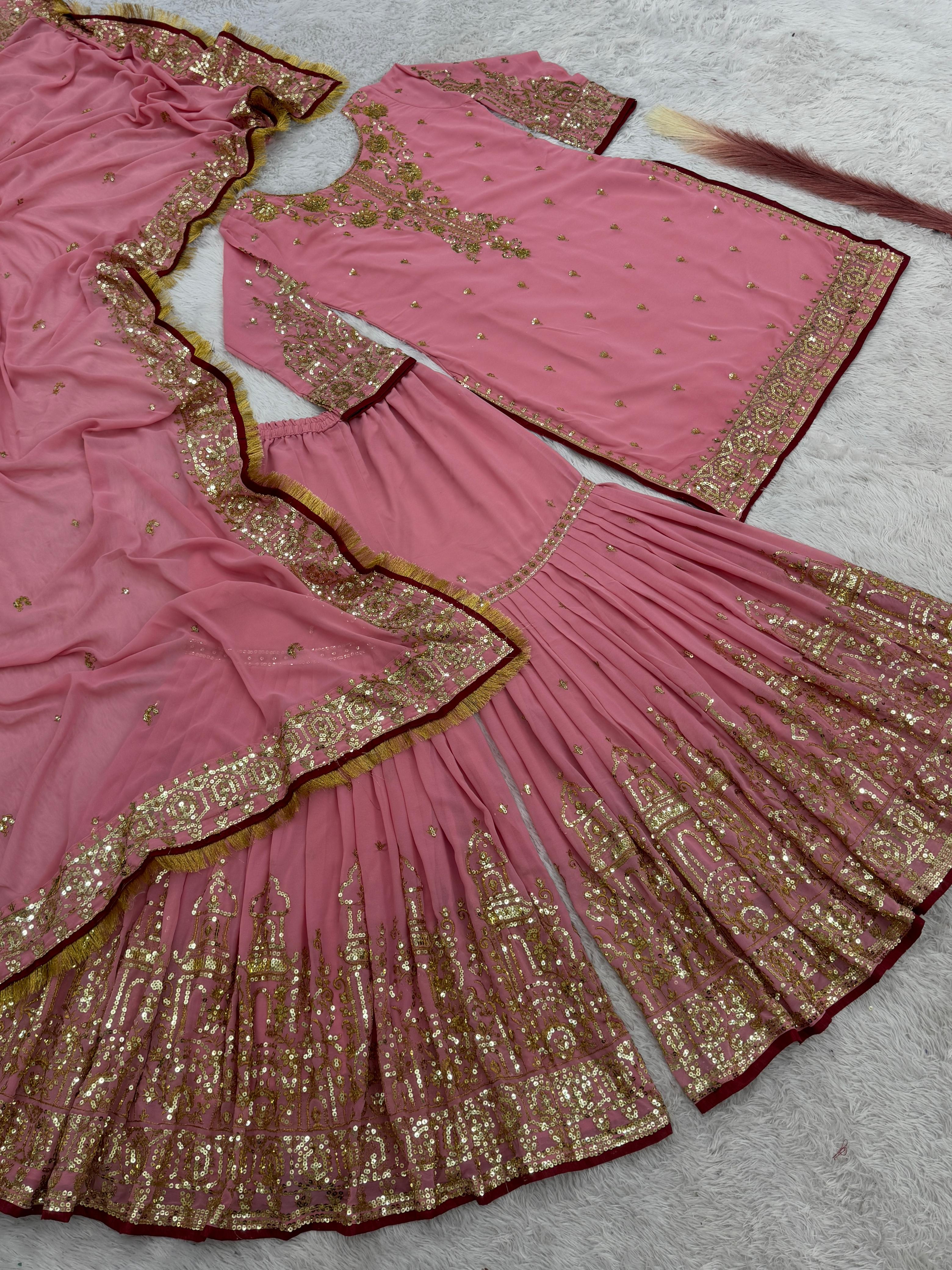 Good Looking Sequins Work Pink Color Top Sharara With Dupatta