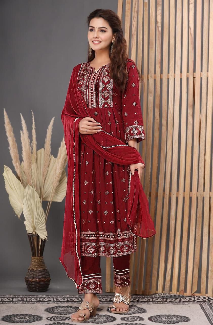 Precious Reyon Foil Print Red Color Salwar Suit