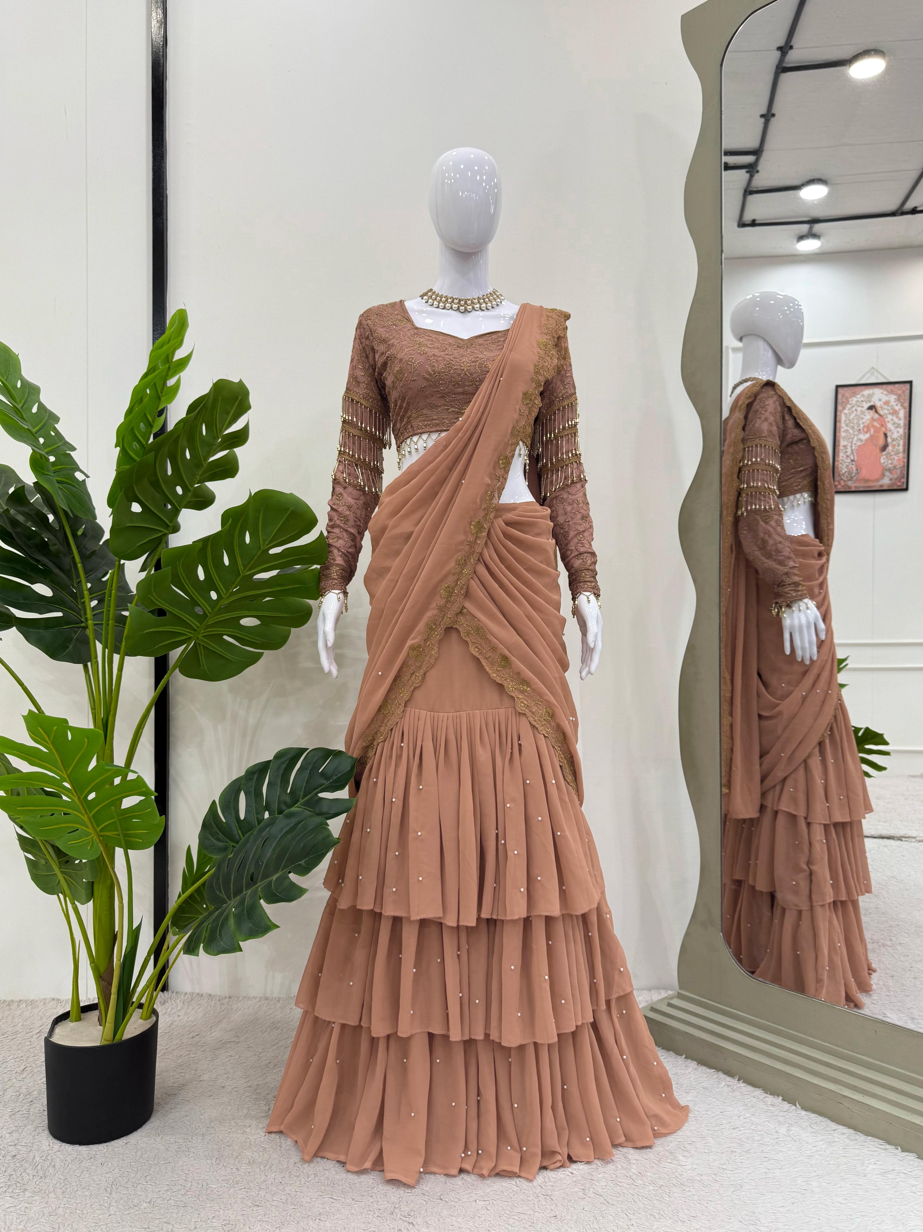 Function Wear Chiku Color Heavy Lehenga Saree