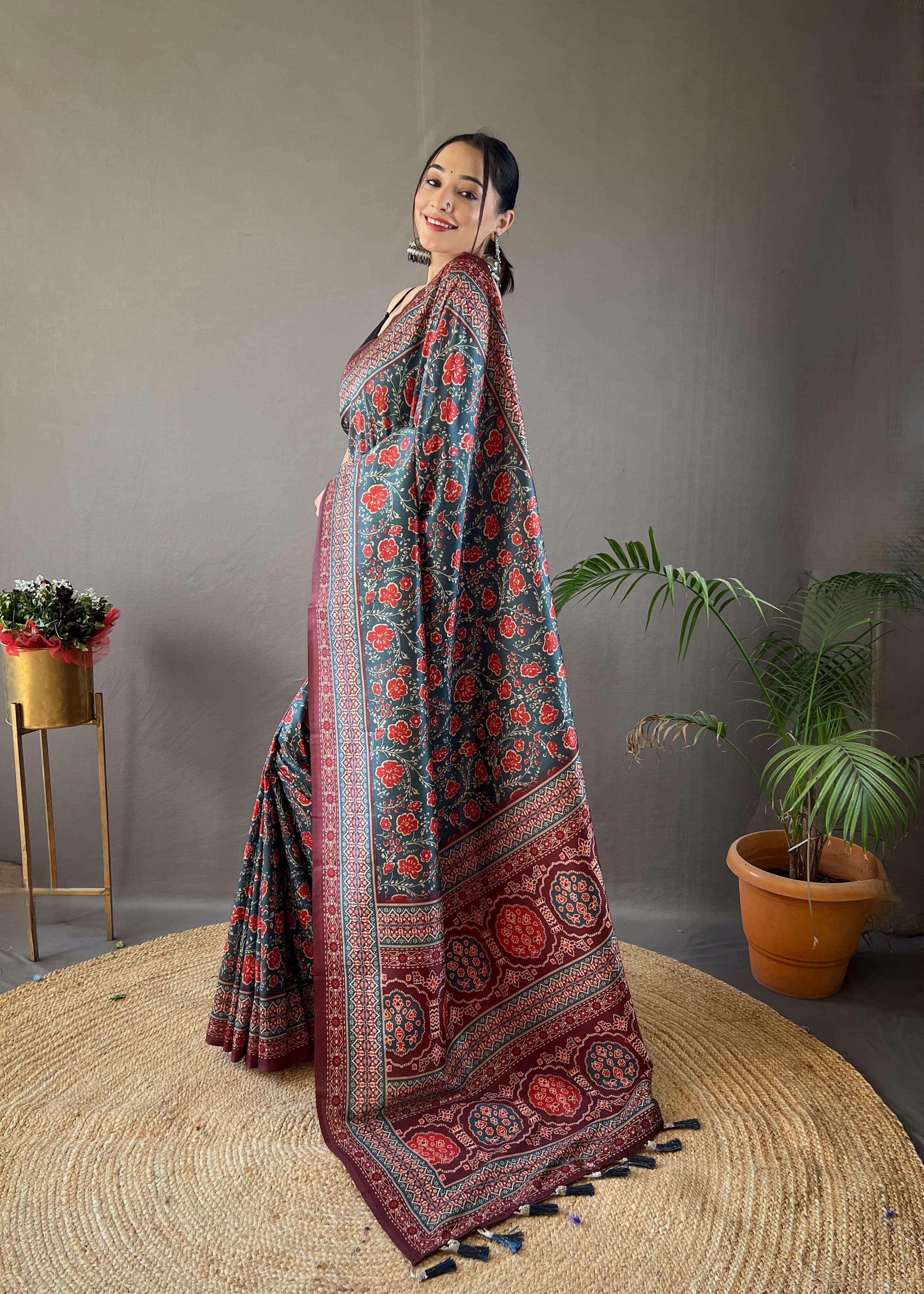 Opulent Teal Blue Color Digital Print Saree