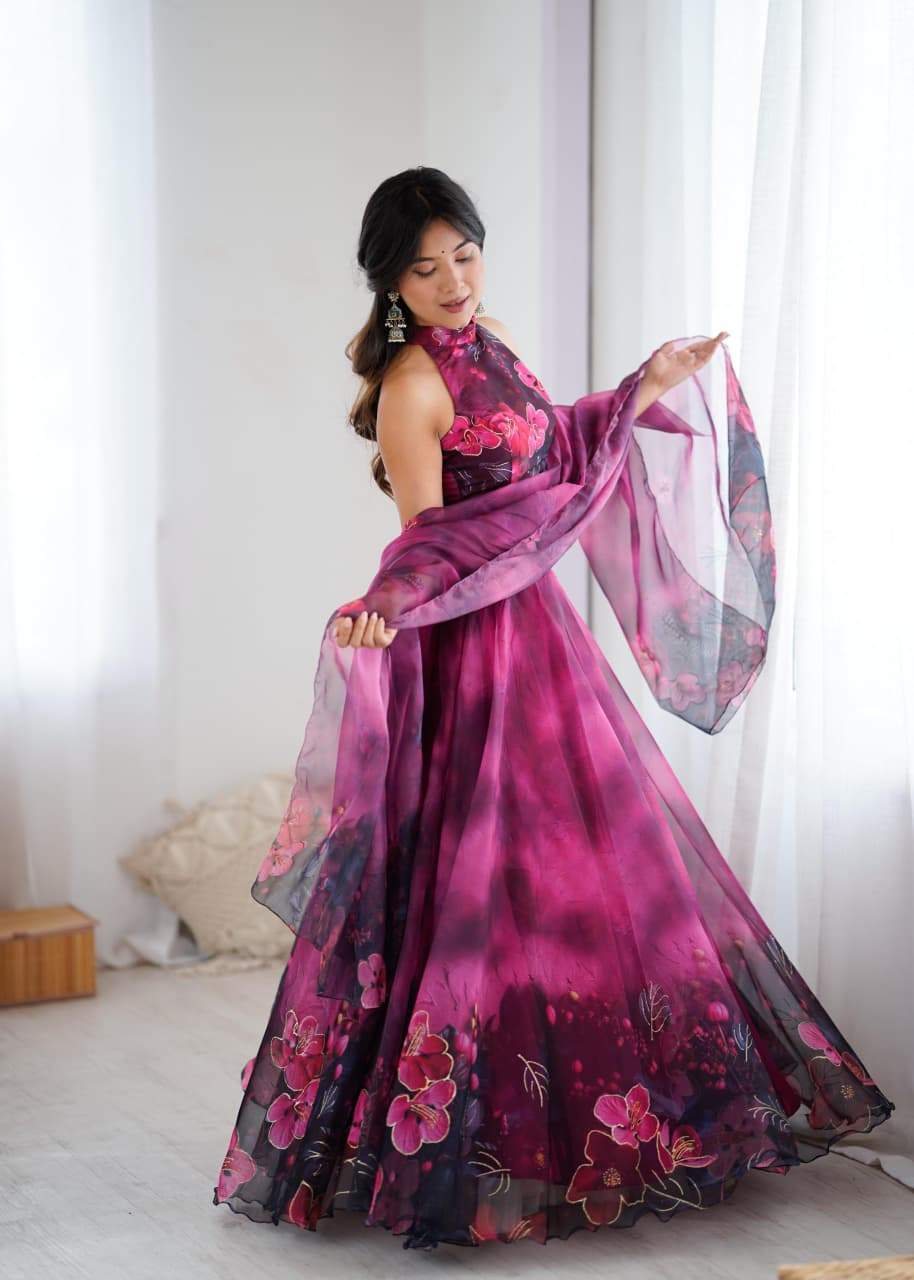 Admiring Pink Color Digital Printed Organza Work Lehenga