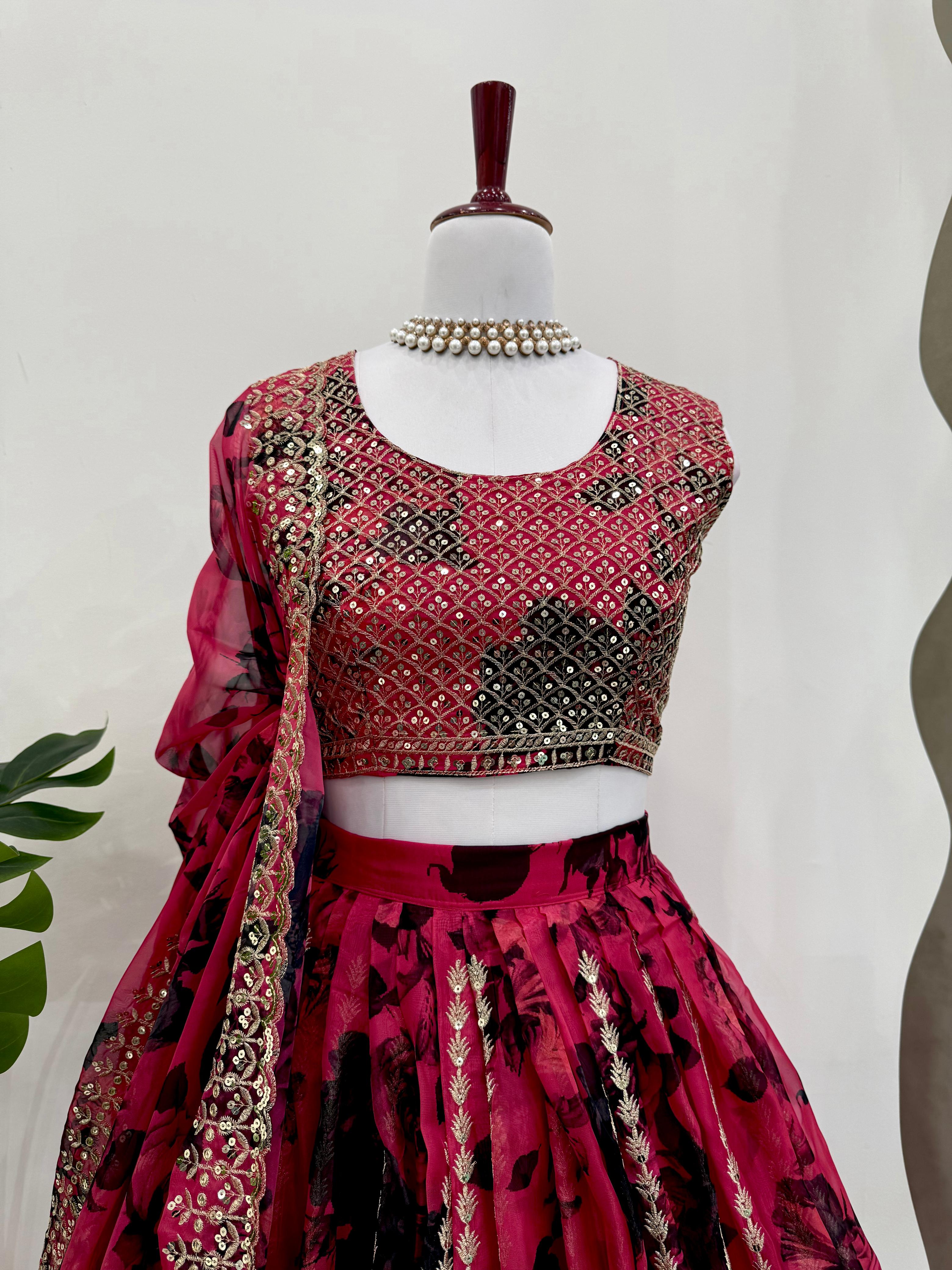 Red Color Flower Printed Organza Bridal Lehenga