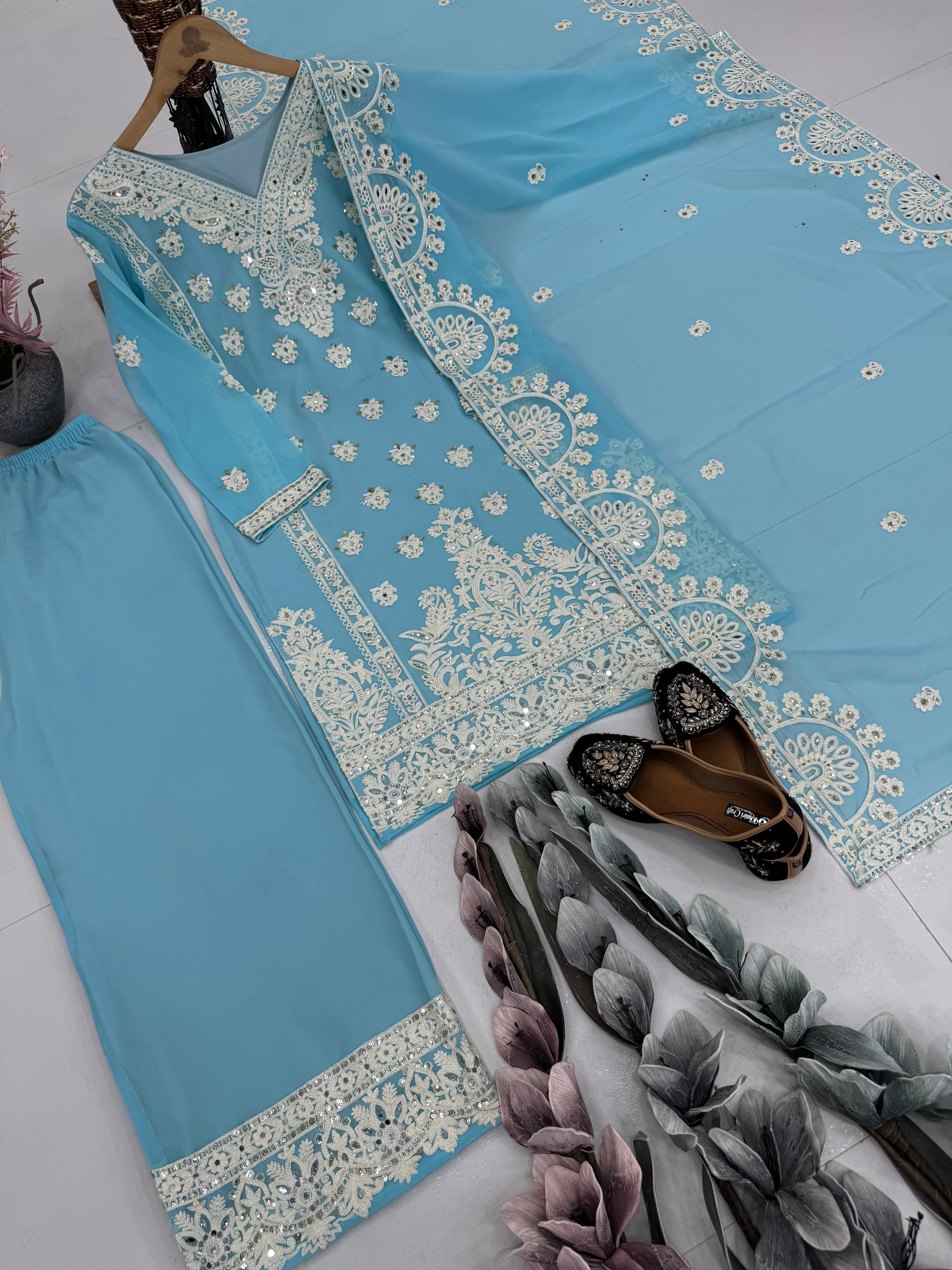 Embroidered Sky Blue Color Attractive Palazzo Suit Set