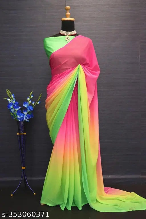 Amazing  Work Blouse With Parrot Green and Pink Shade Saree