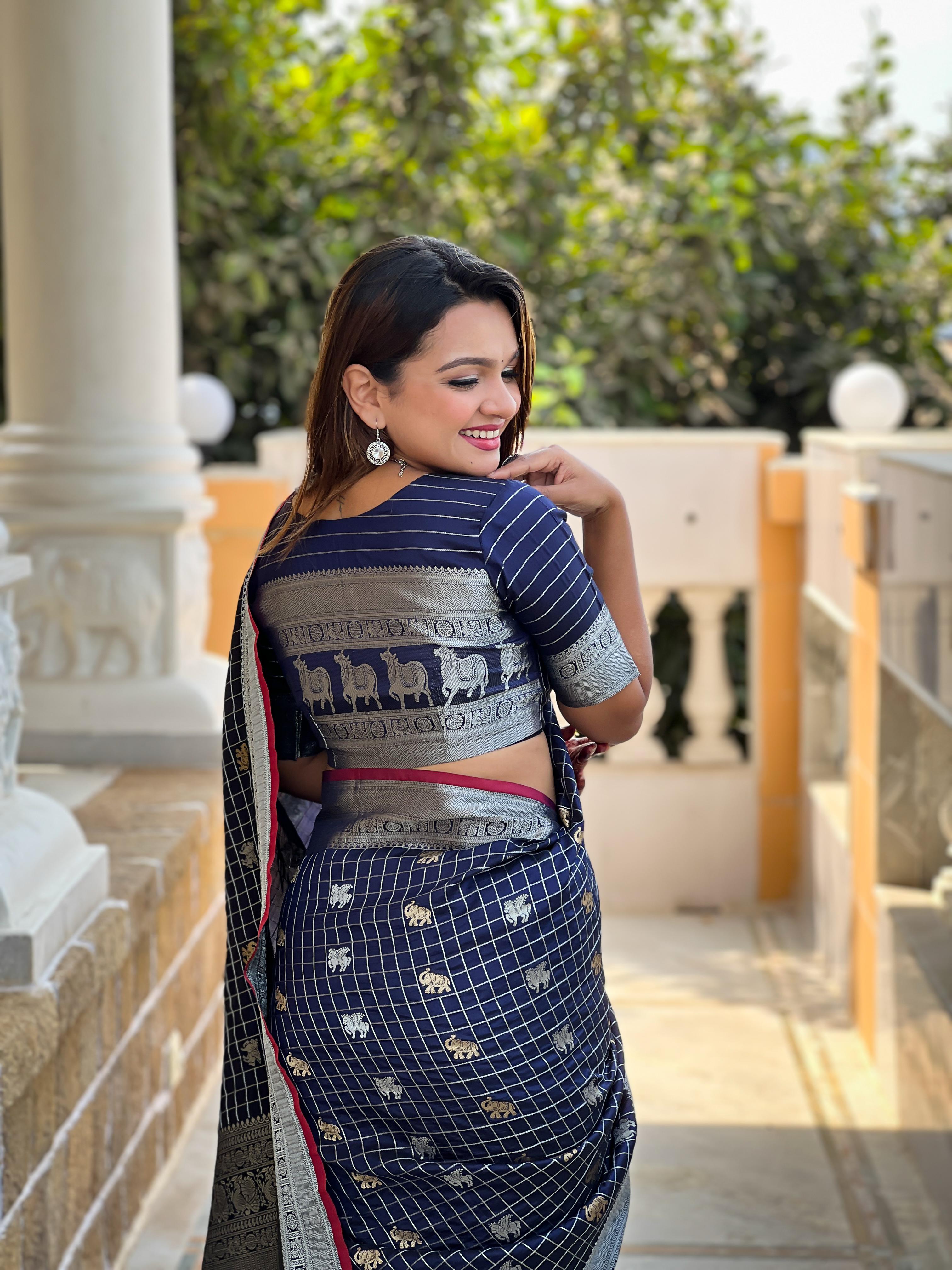 Fashionable Soft Silk Navy Blue Color Saree