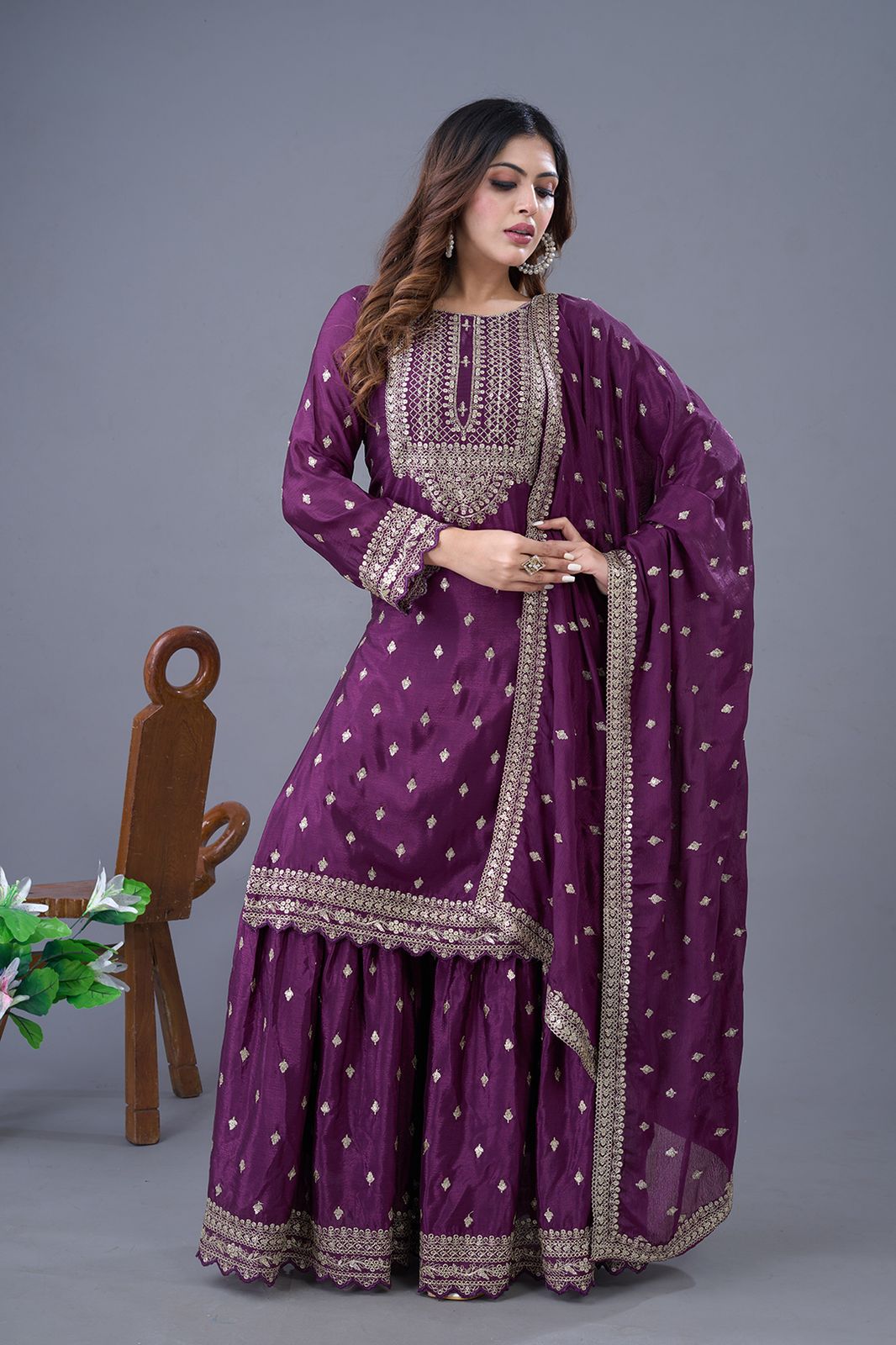 Heavy Embroidery Work Wine Color Sharara Suit