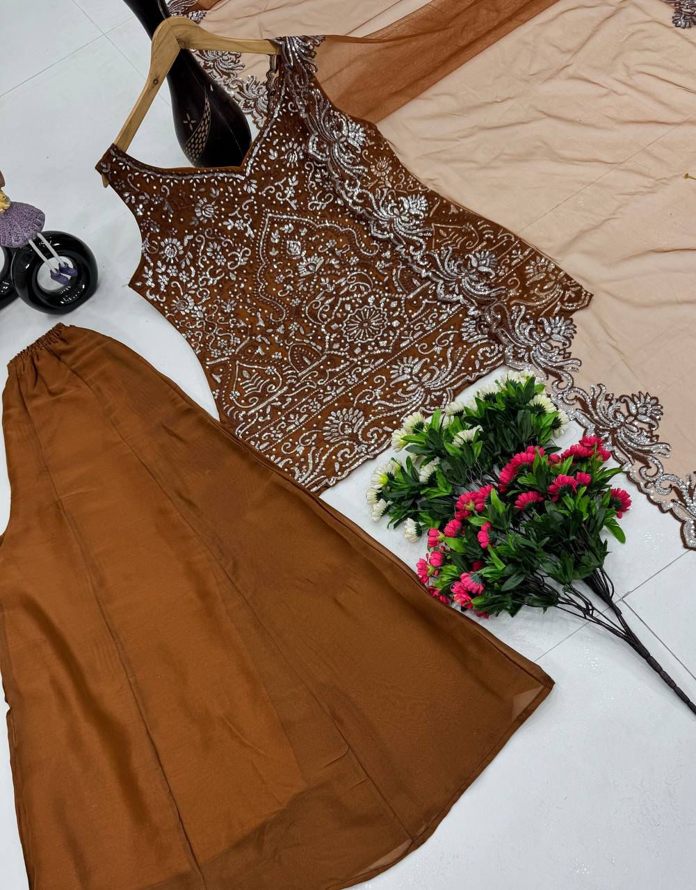 Brown Color Full Stitched Embroidered Precious Sharara Suit