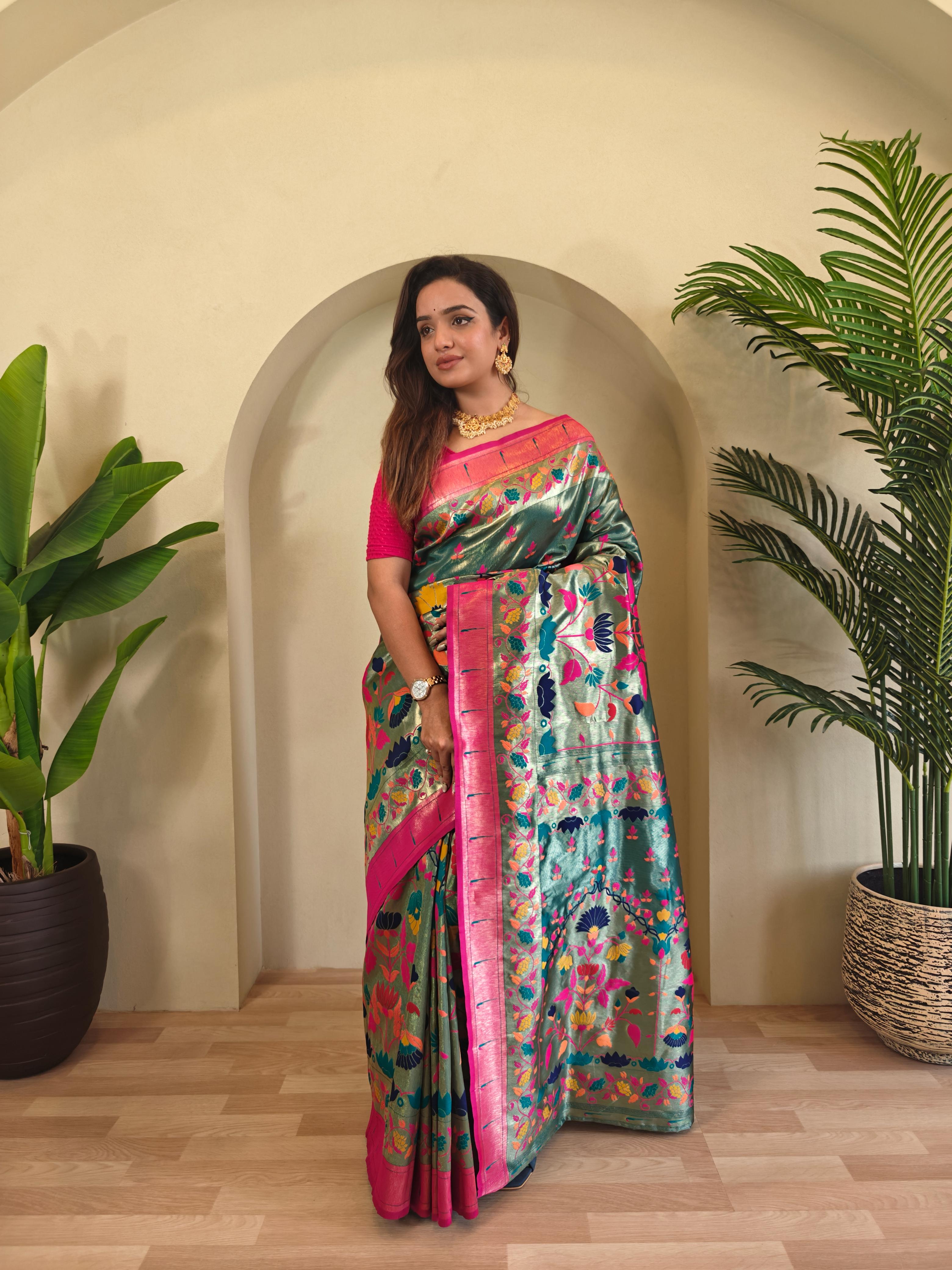 Wonderful Paithani Silk Teal Green Color Saree