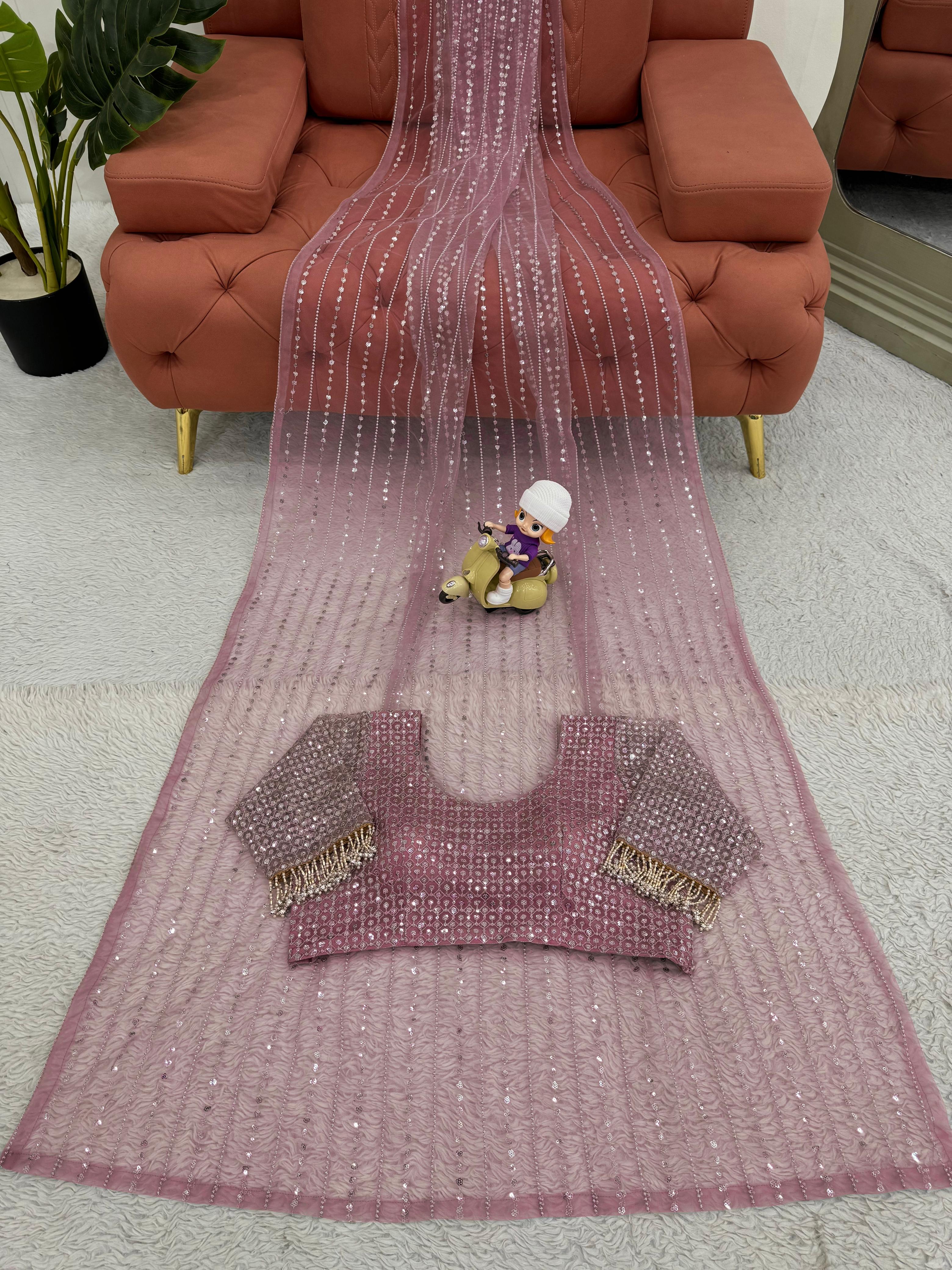 Thread With Sequence Work Pink Color Net Saree
