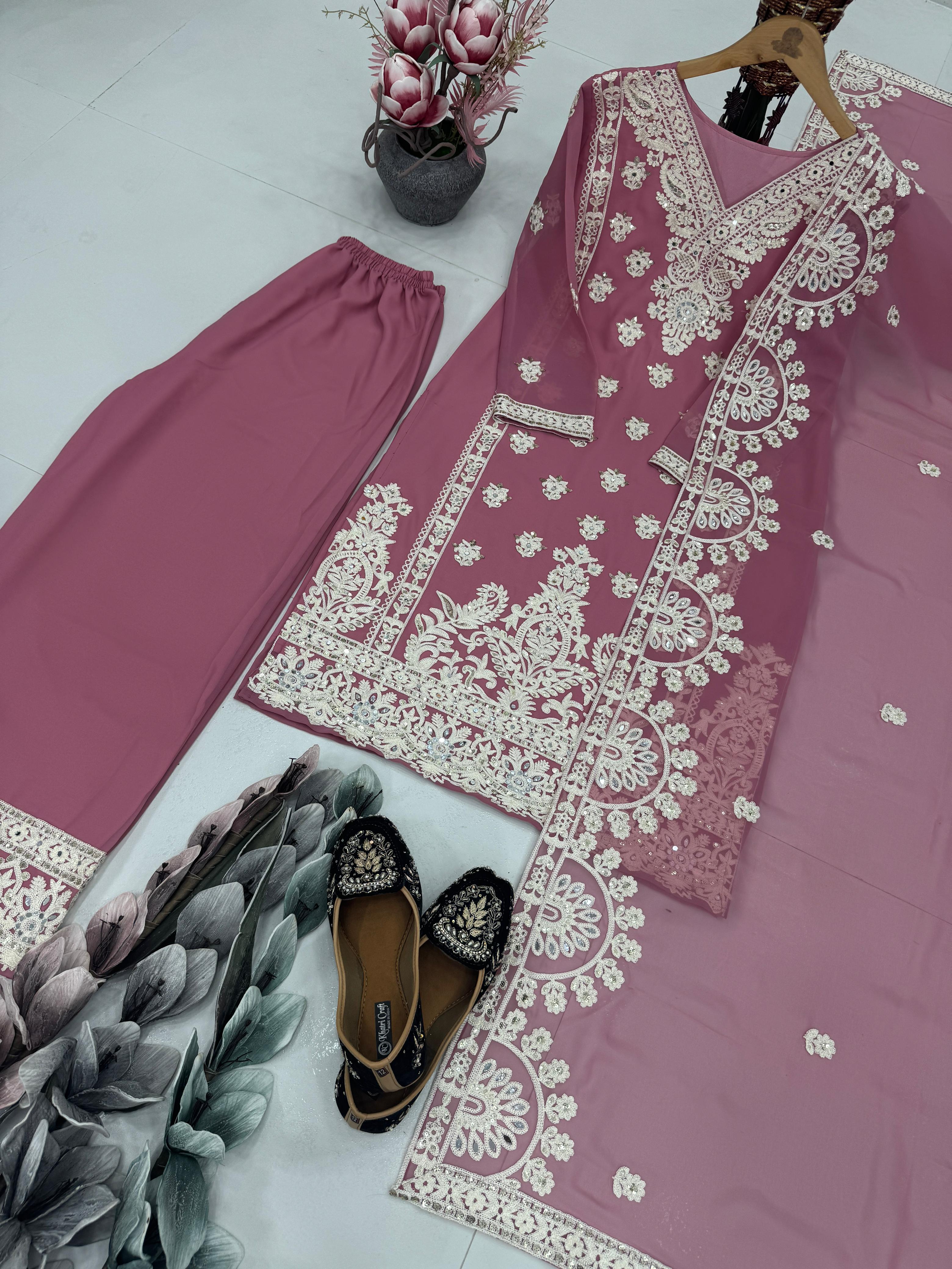 Embroidered Onion Color Attractive Palazzo Suit Set