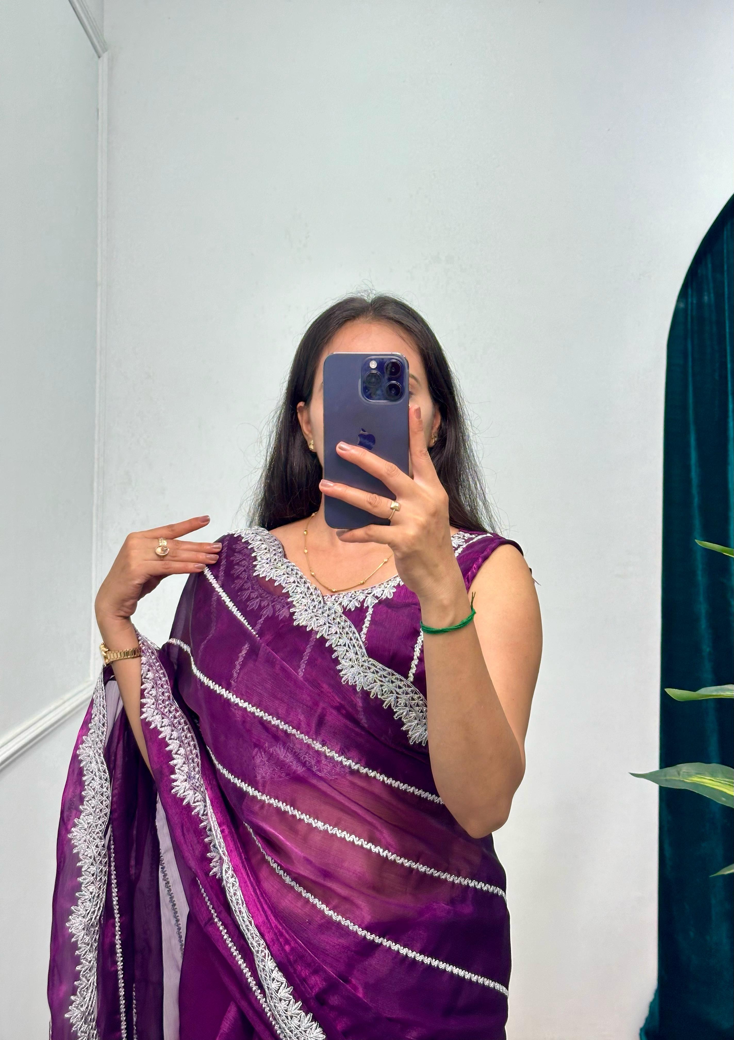Peaceful Embroidery Zari Work Purple Color Saree