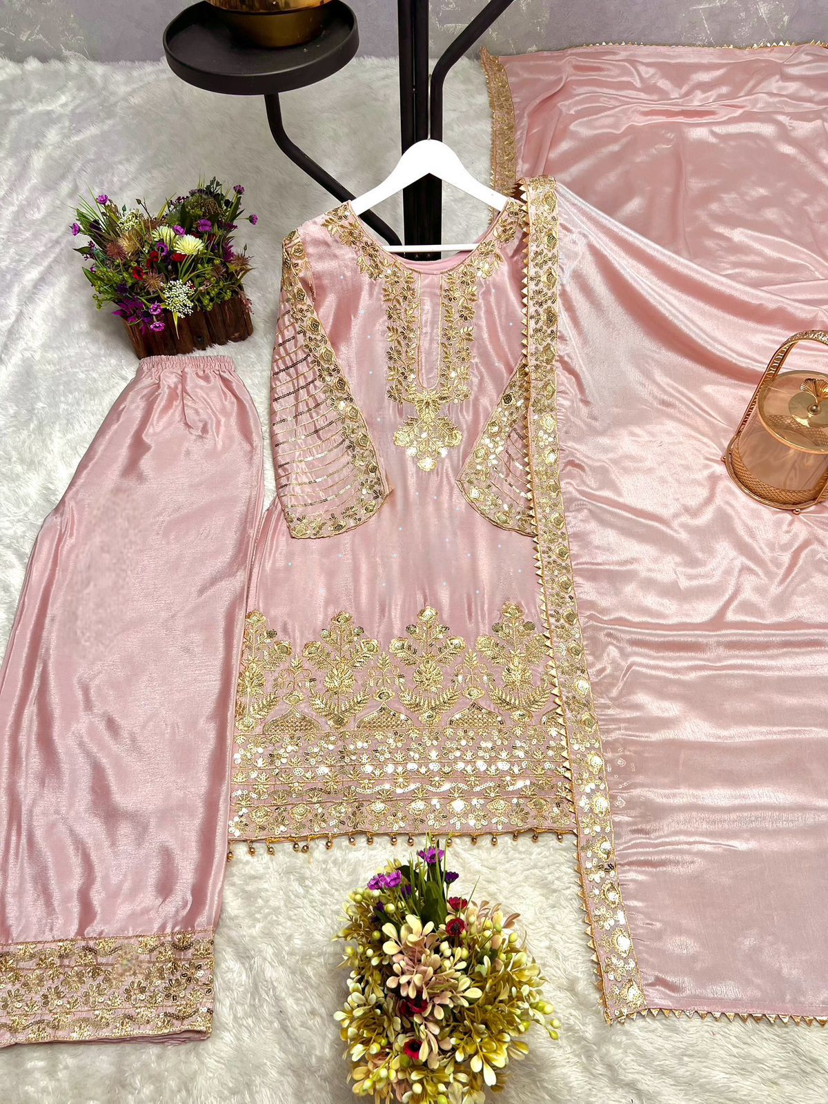 Ravishing Pink Chinon Silk Sequence Work Palazzo Suit