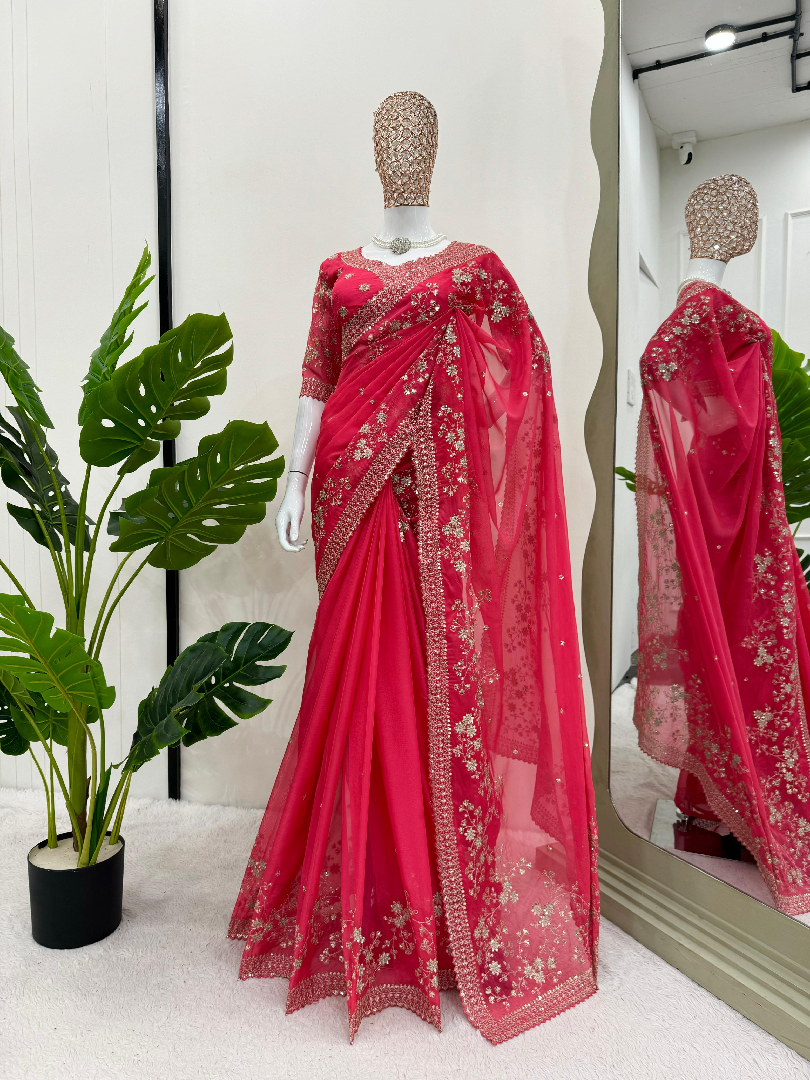 Glimmering Tibby Silk Pink Color Designer Saree