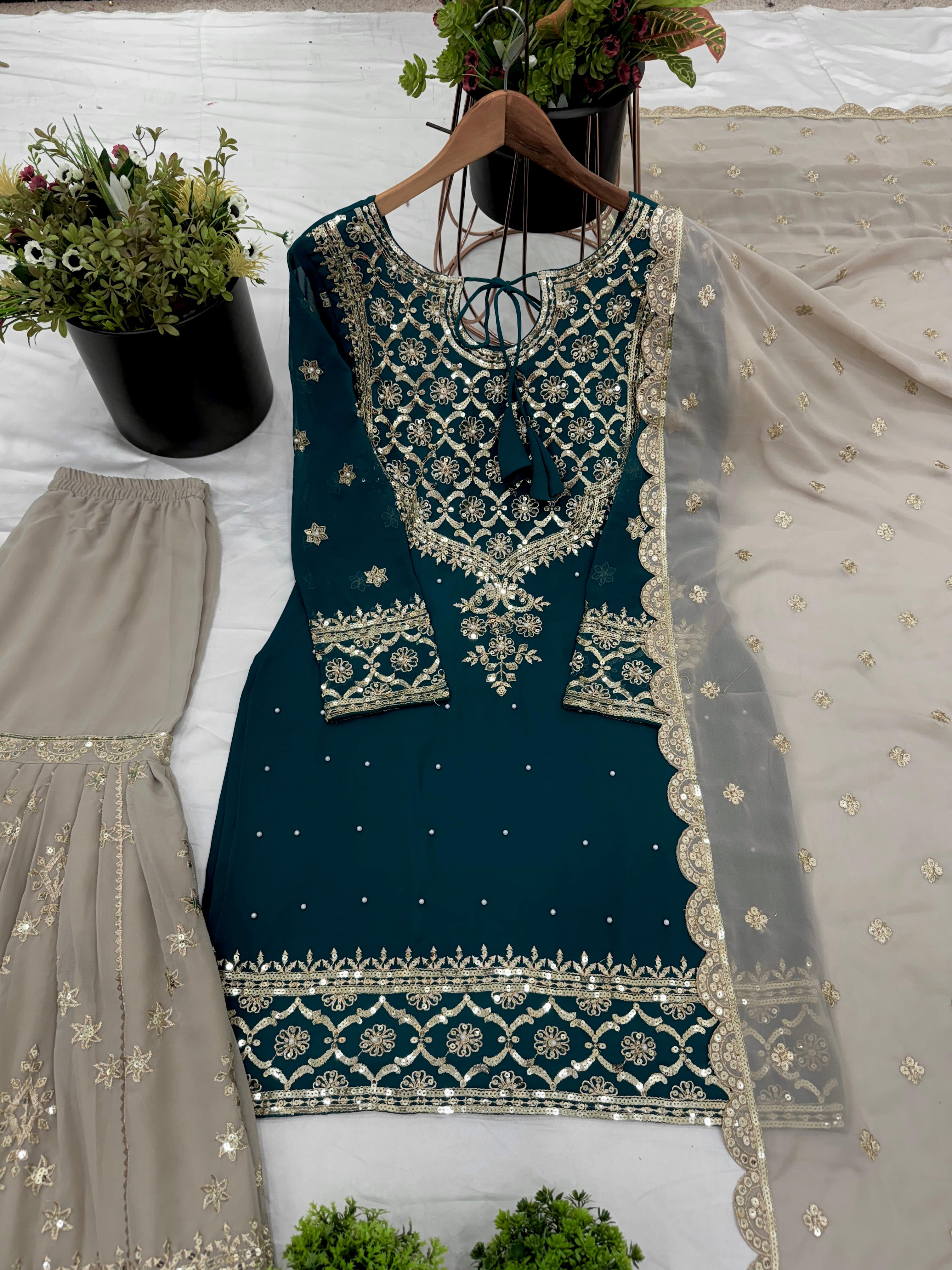 Presenting Embroidery Sequence Work Teal Green Color Sharara Suit