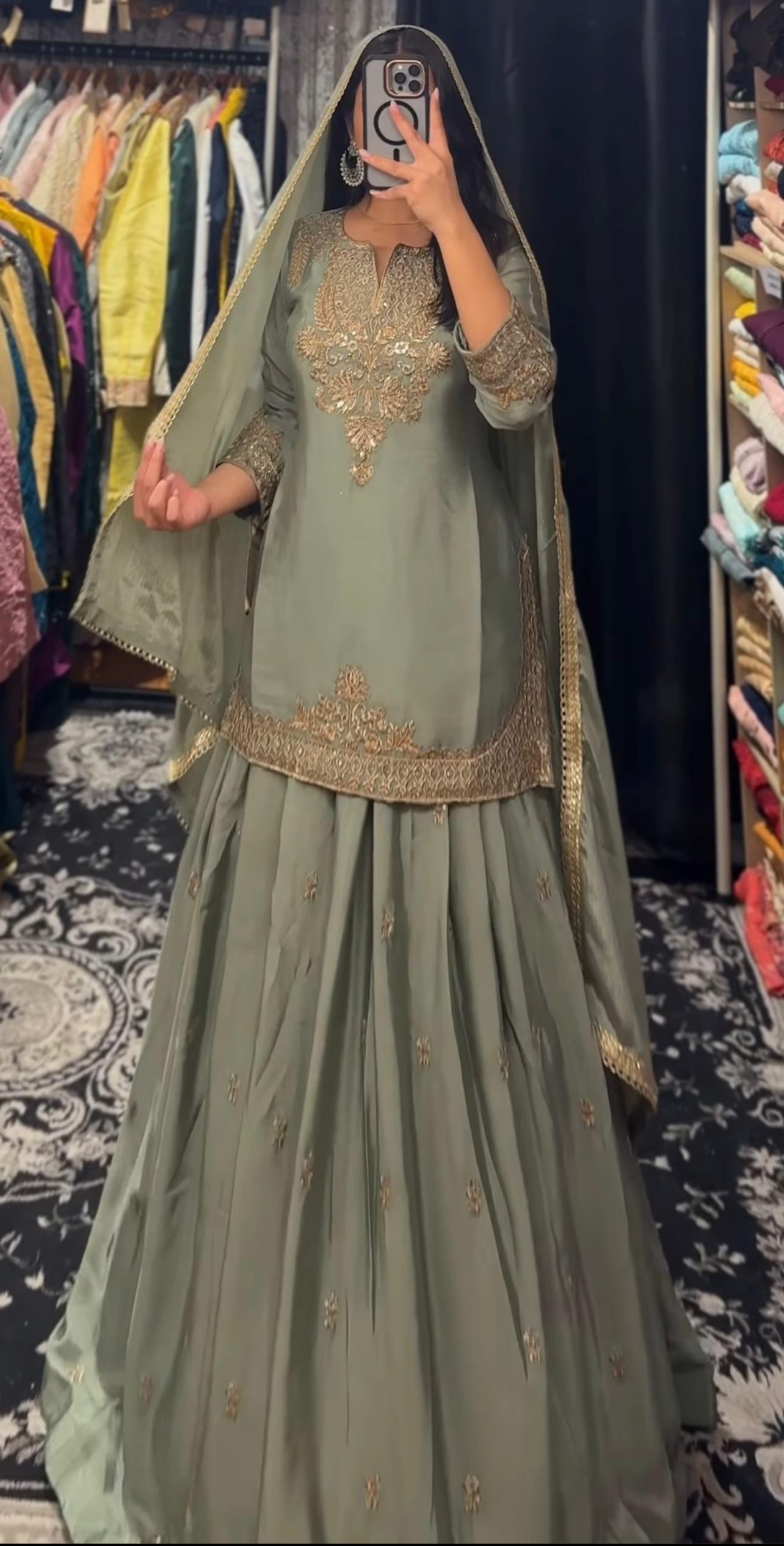 Good Looking Embroidery Work Mehndi Color Top With Lehenga Choli