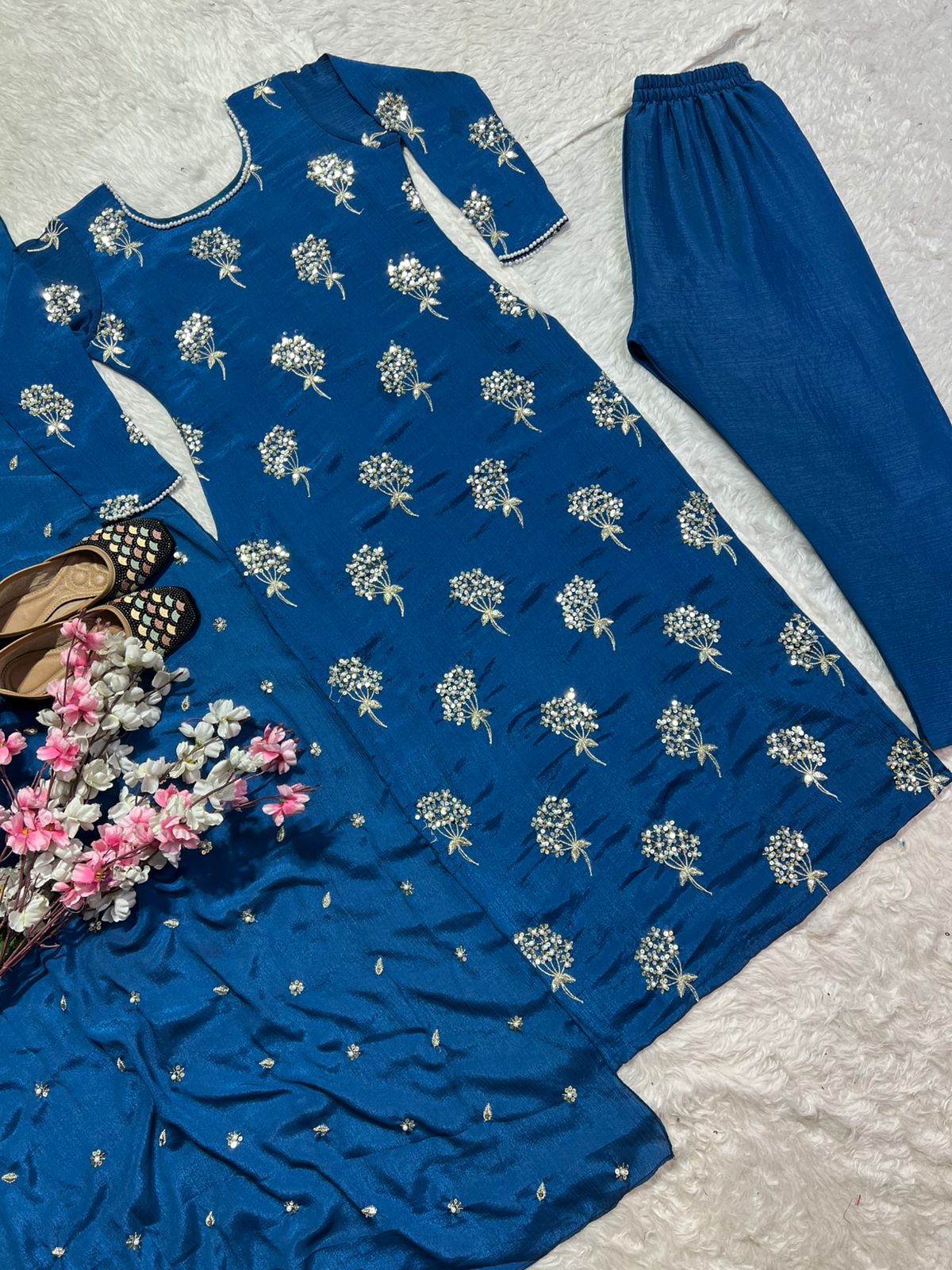 Charming Embroidery 5mm Sequence Work Blue Color Sharara Suit