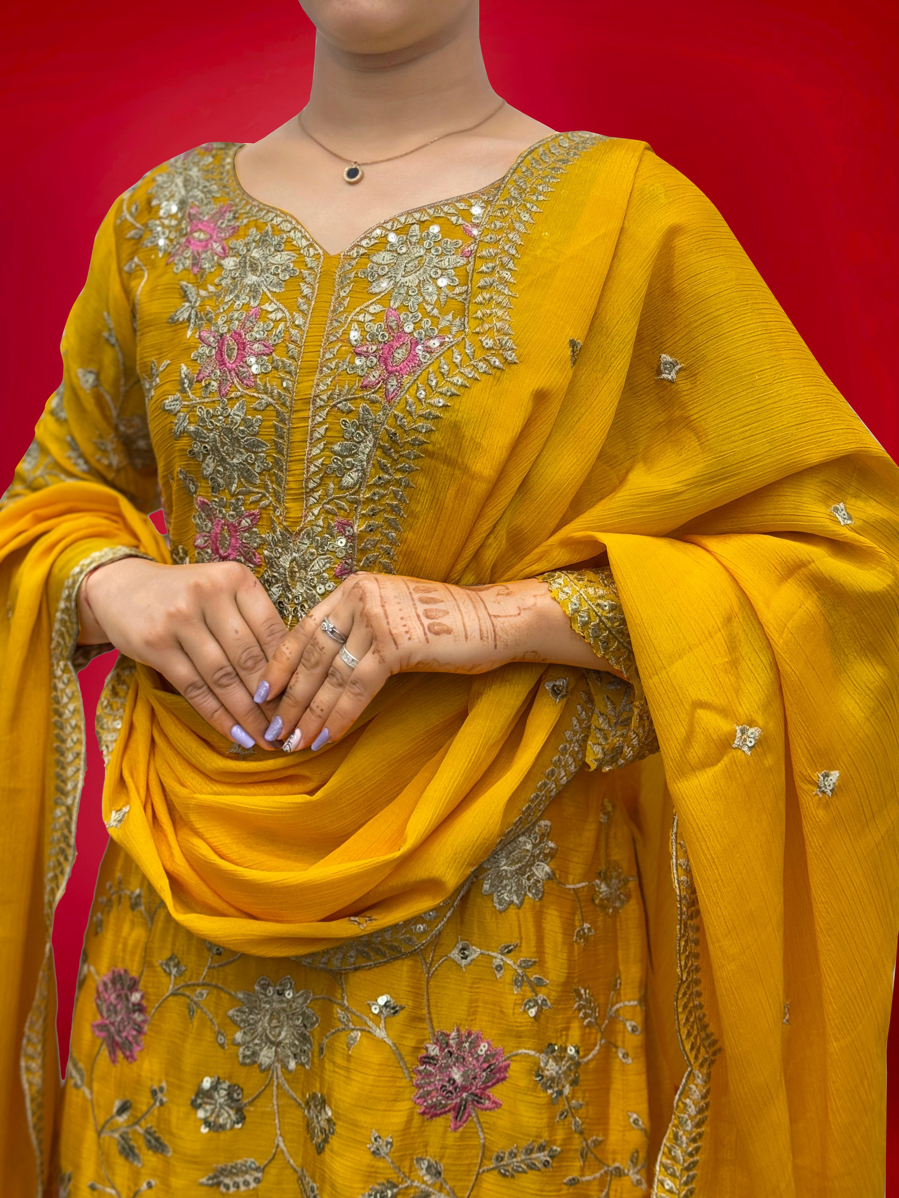 Outstanding Sequence Haldi Wear Yellow Color Sharara Suit