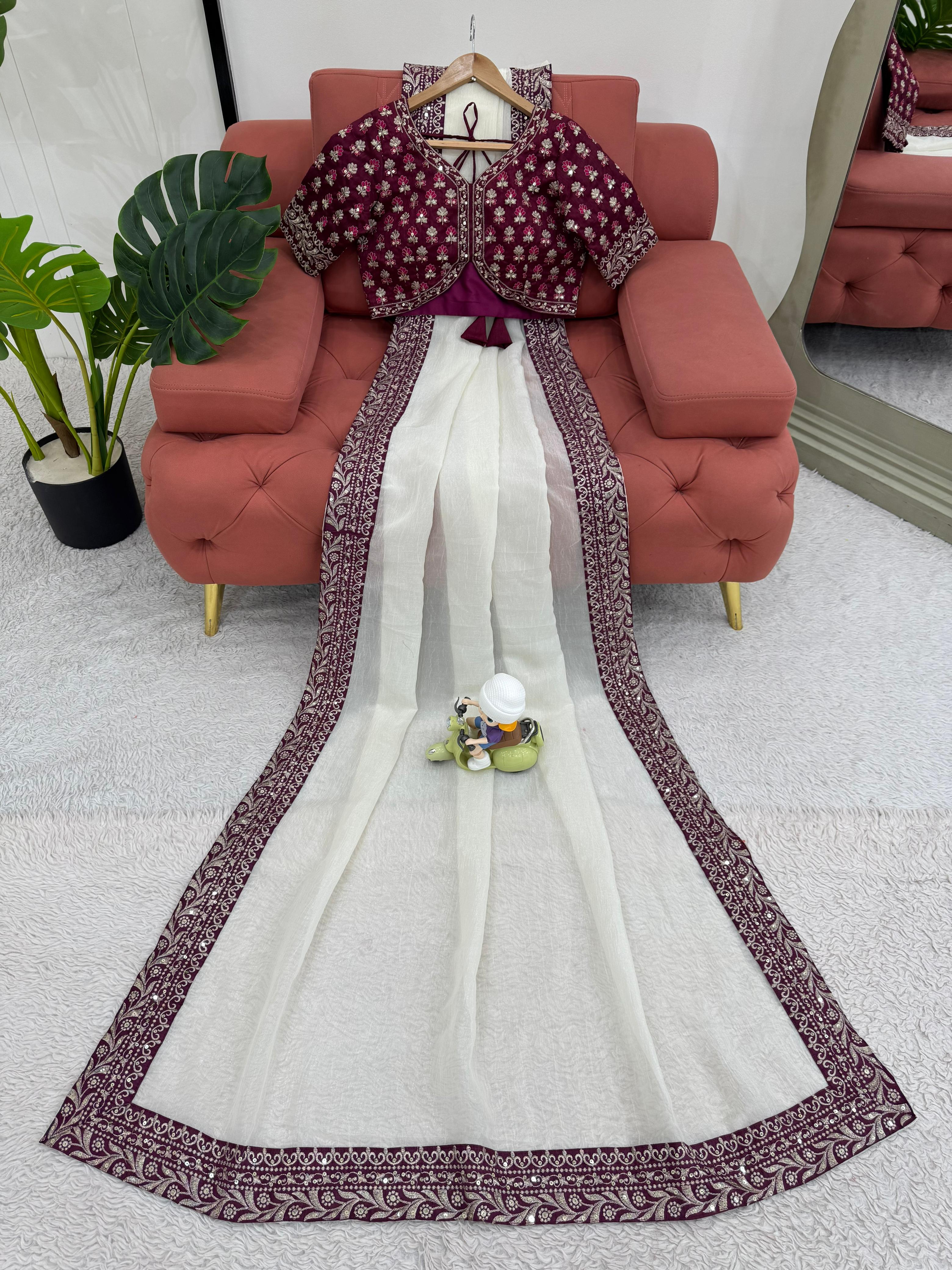 Pattern Wedding & Party Wear Thred  With Sequence Work White Color Designer Saree
