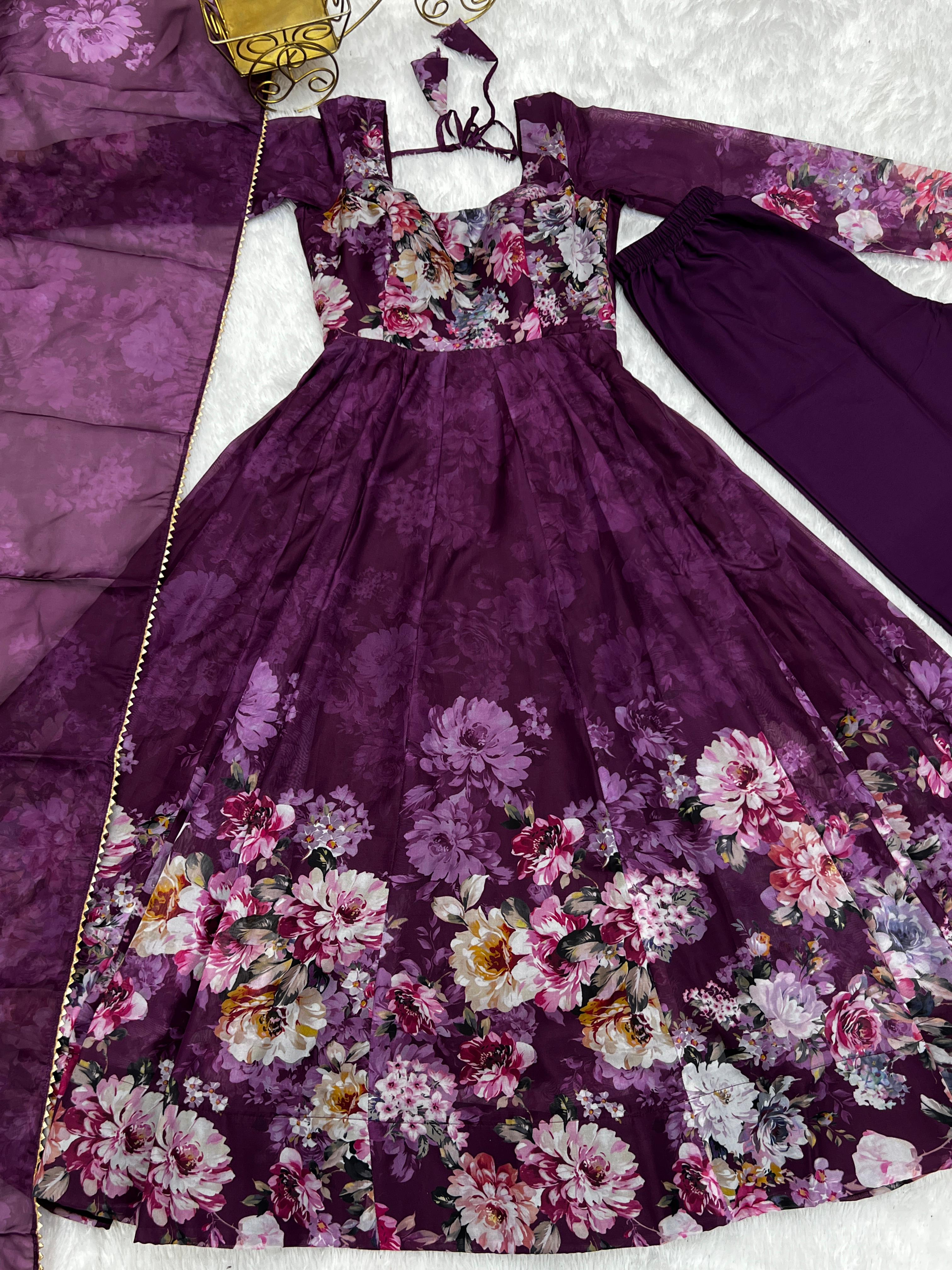 Casual Wear Multi Flower Print Wine Color Anarkali Suit
