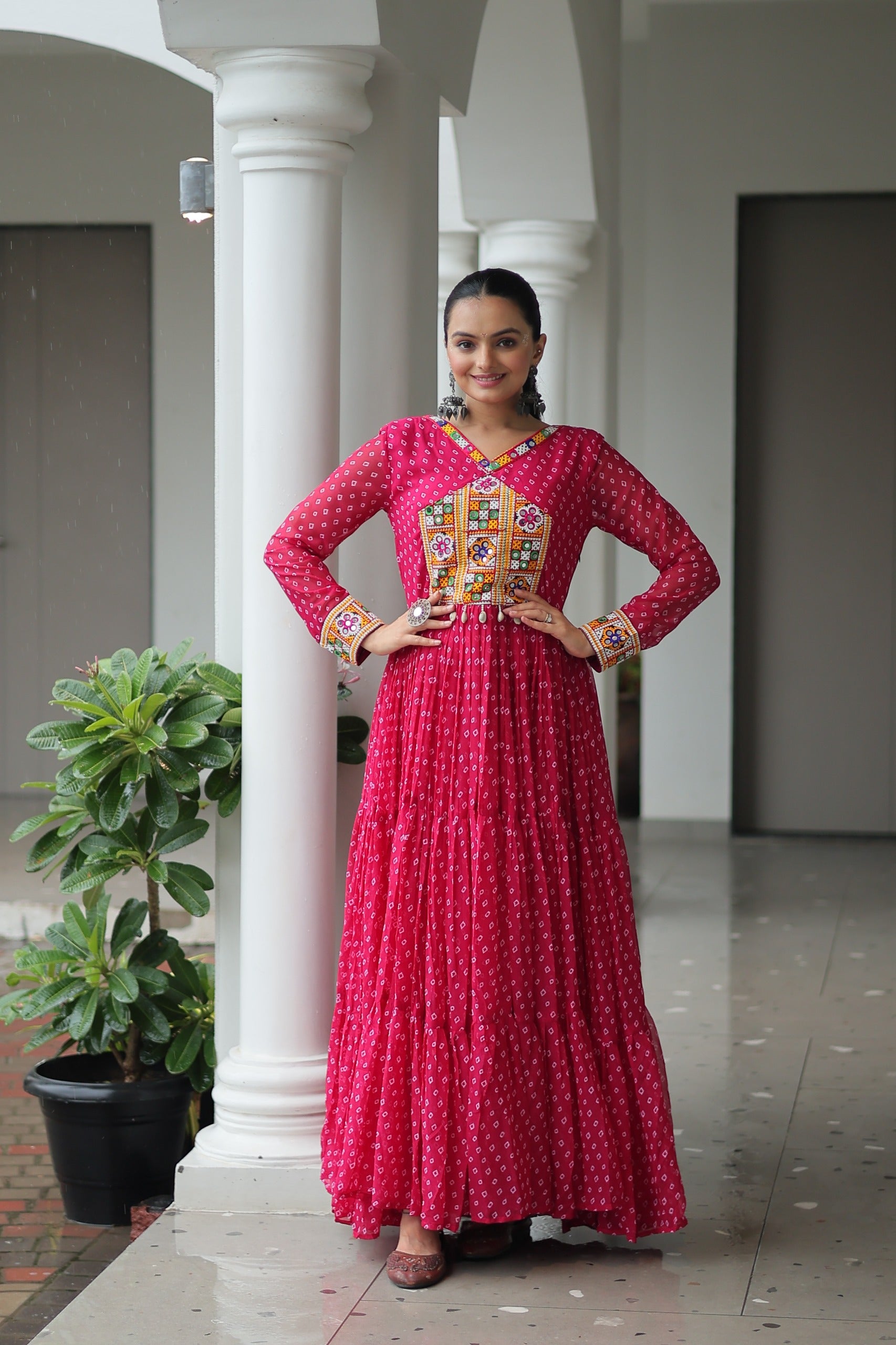 Lovely Pink Color Bandhani Print Navratri Special Gown