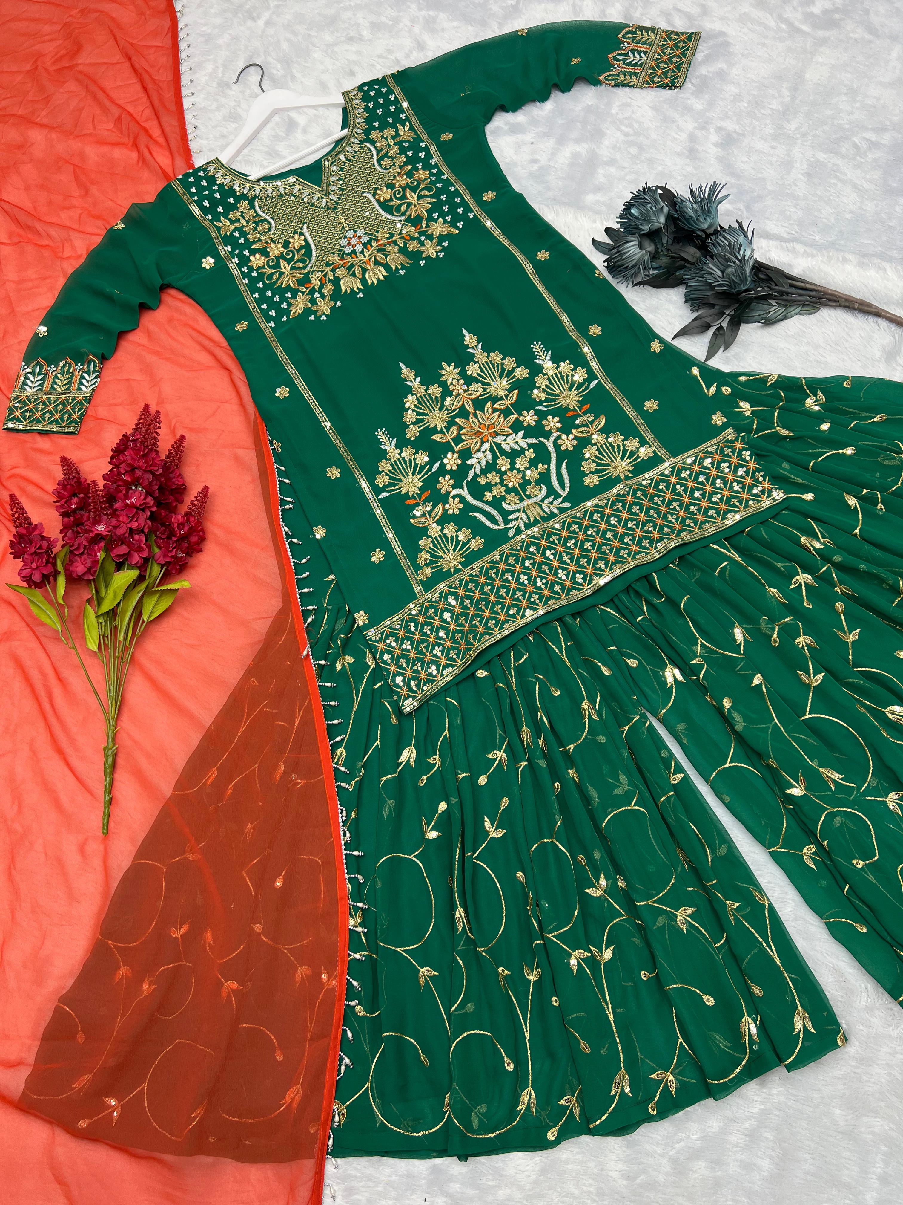 Good Looking Embroidery Sequence Work Green Color Sharara With Orange Dupatta