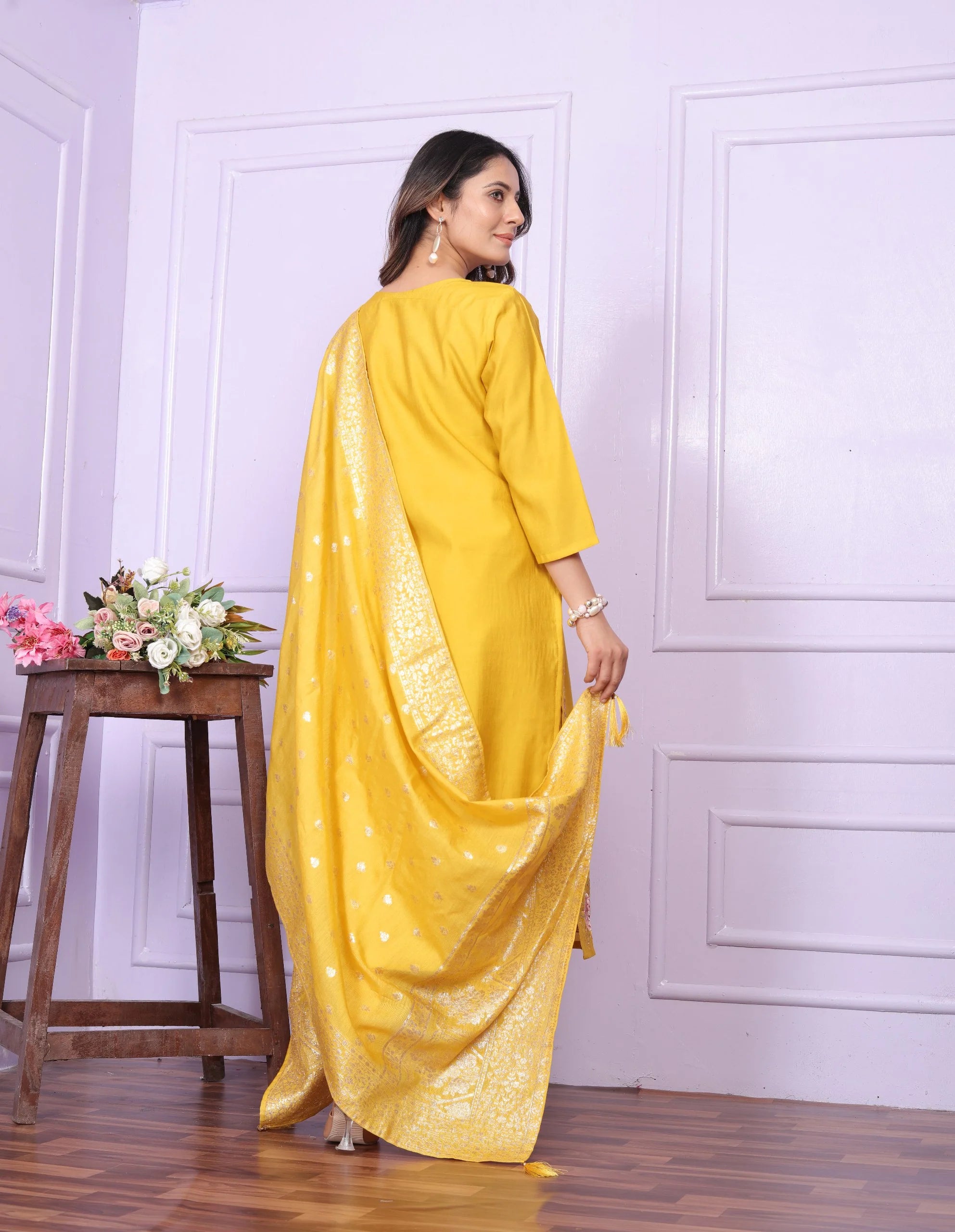 Elegant Yellow Russian Silk Salwar Suit With Banarasi Dupatta