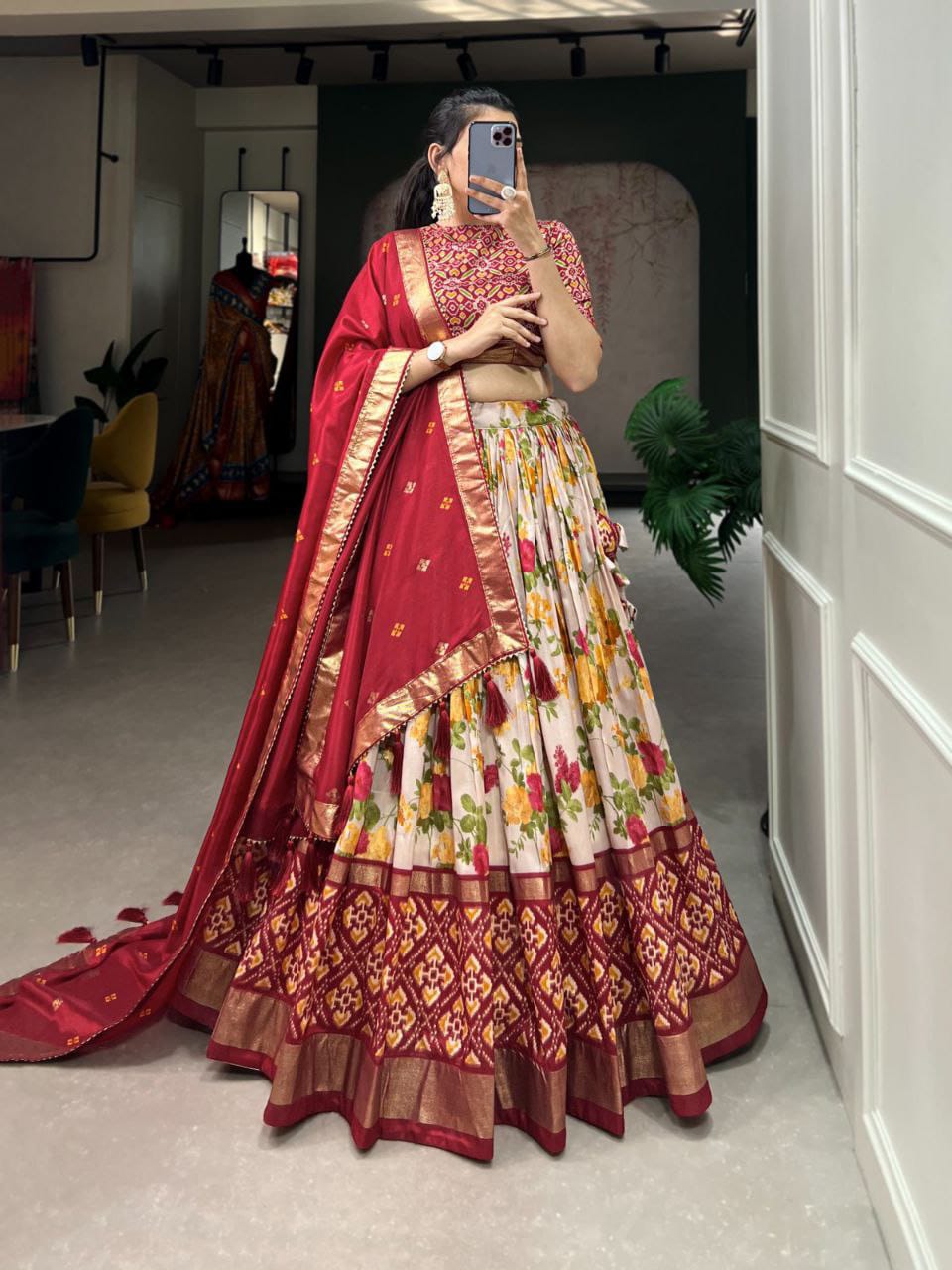 Mesmerizing Floral And Patola Print With Foil Work Red Color Lehenga Choli