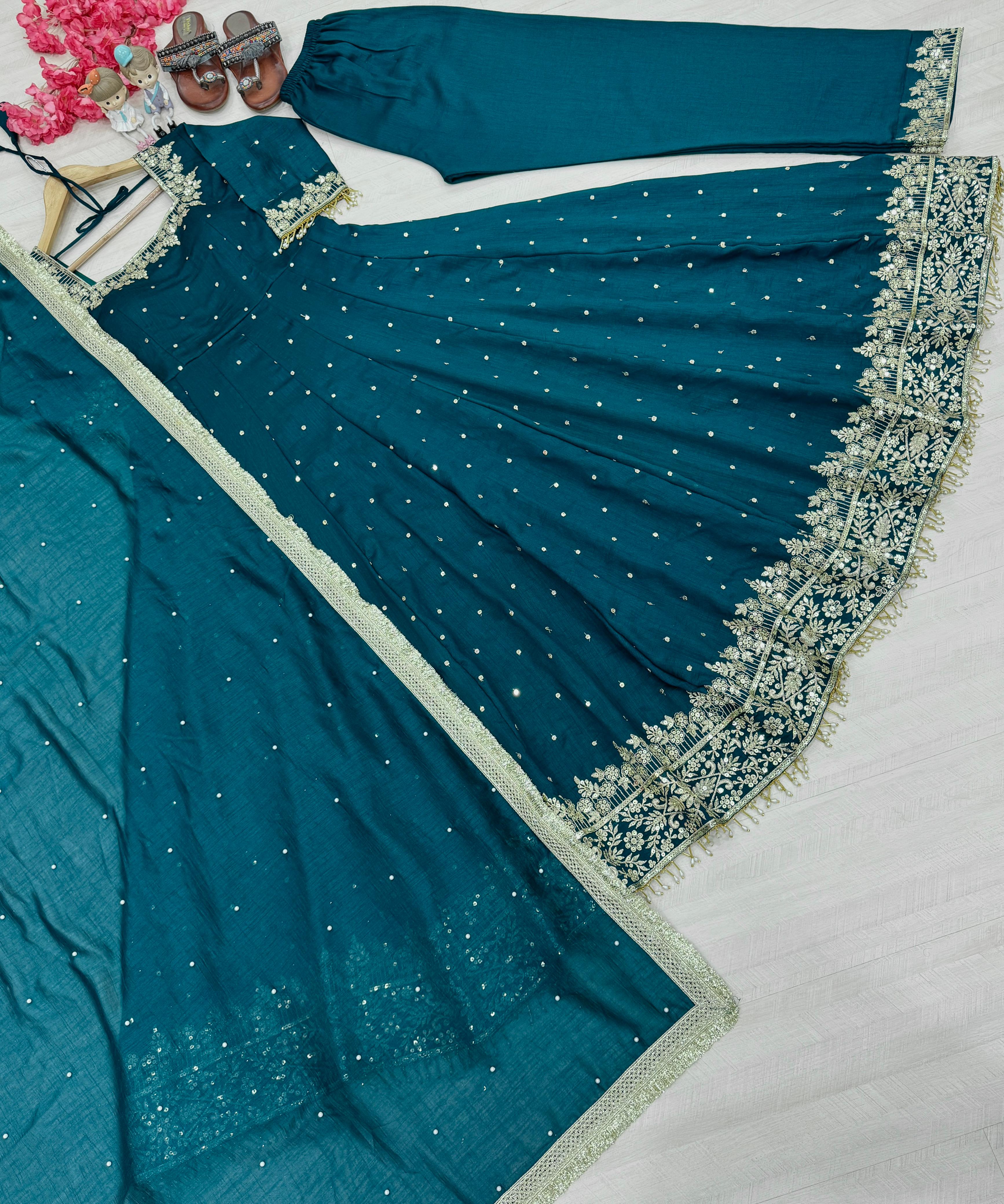 Glimmering Vichitra Silk Rama Color Anarkali Suit