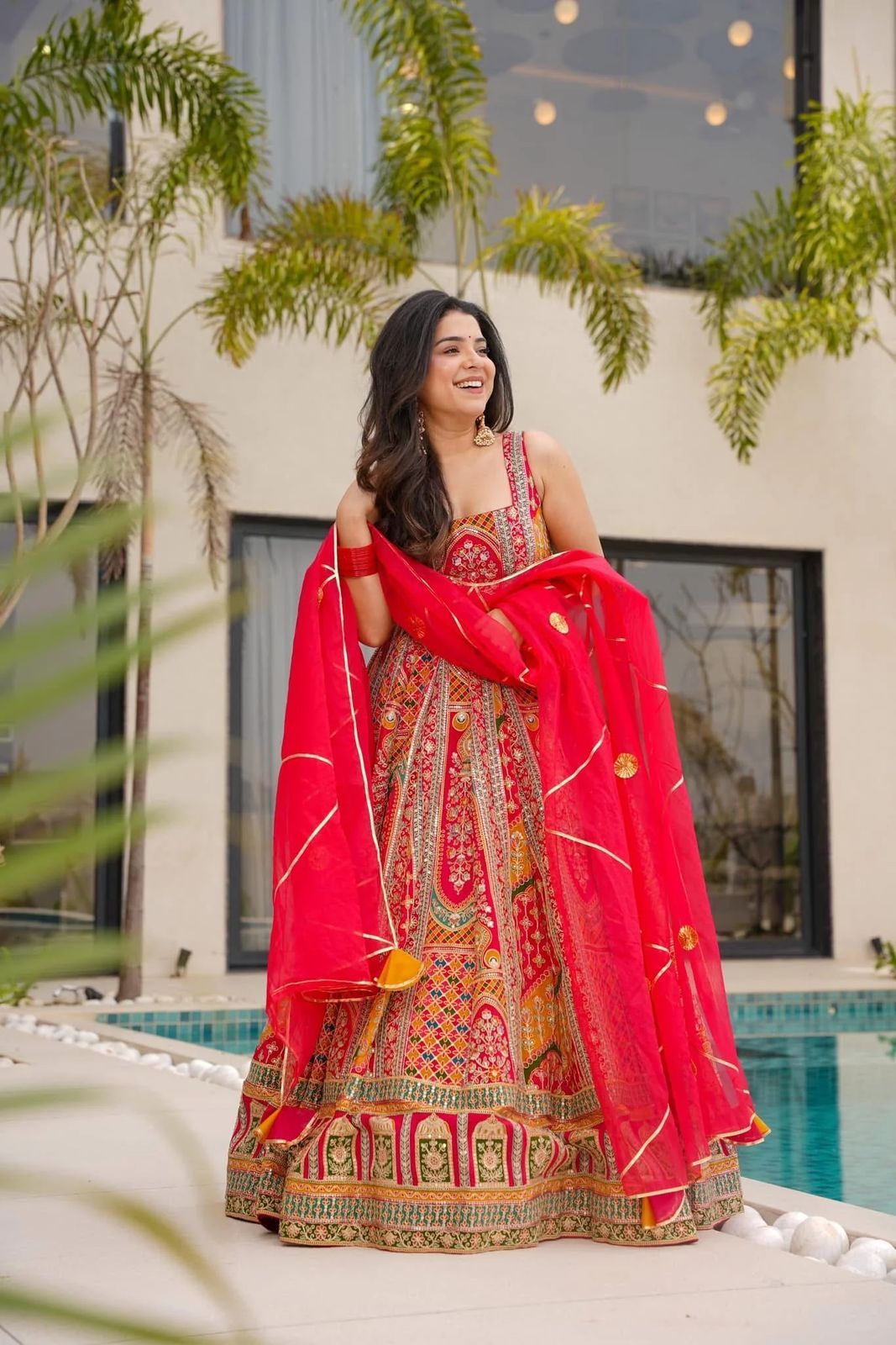 Alluring Red Organza Printed Anarkali Gown