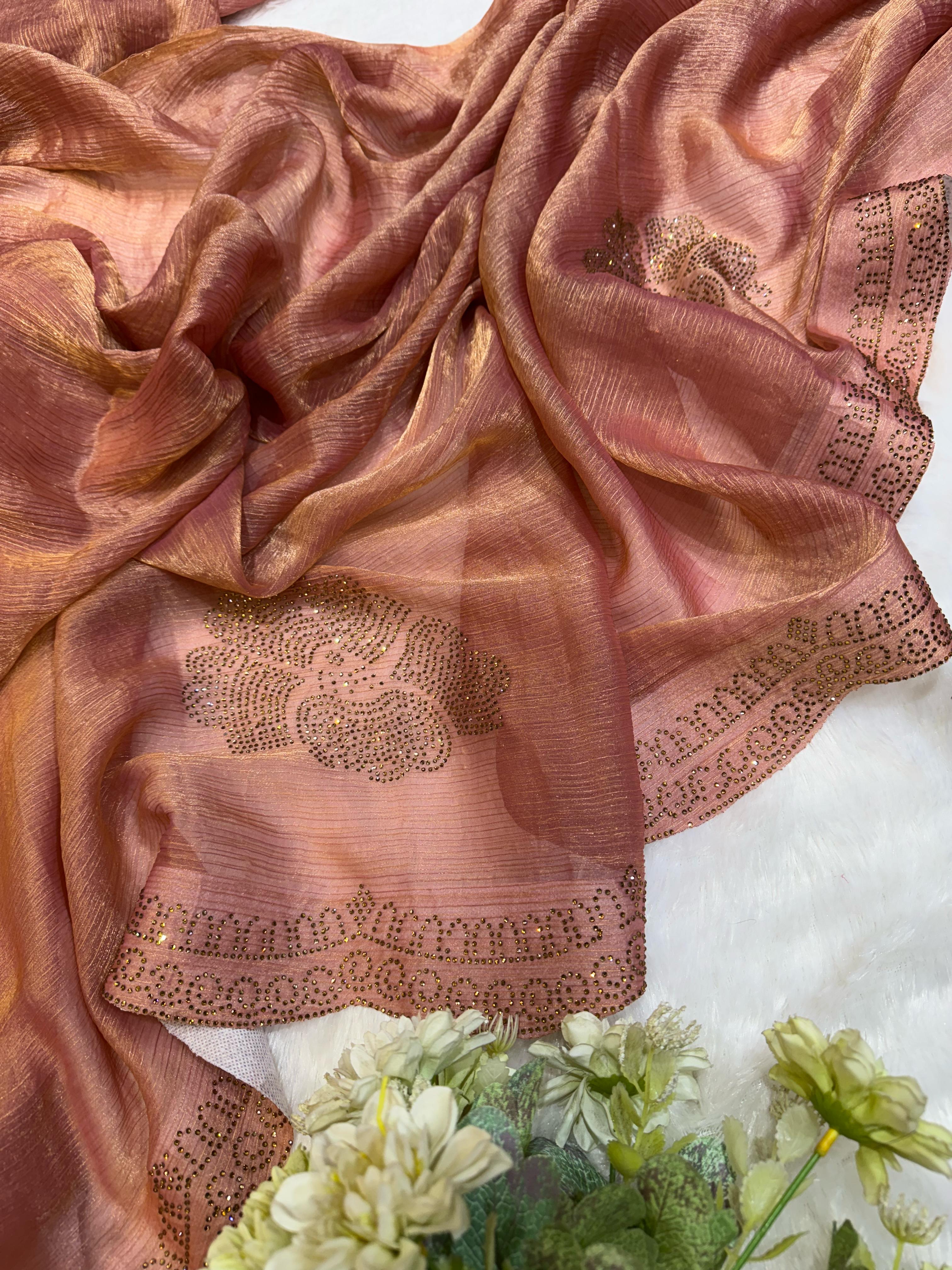 Ravishing Chiffon Silk Diamond Work Peach Color Saree