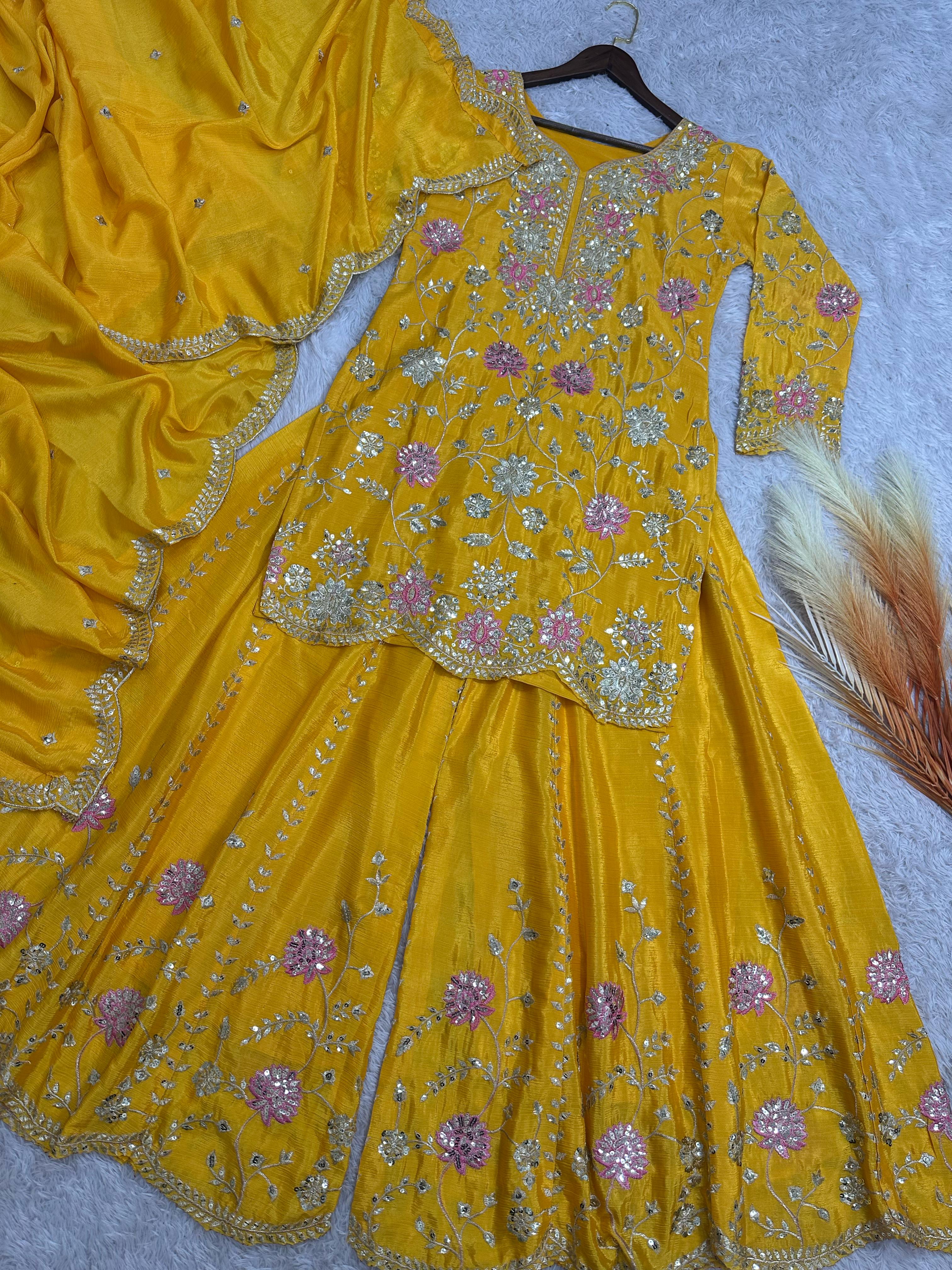 Outstanding Sequence Haldi Wear Yellow Color Sharara Suit