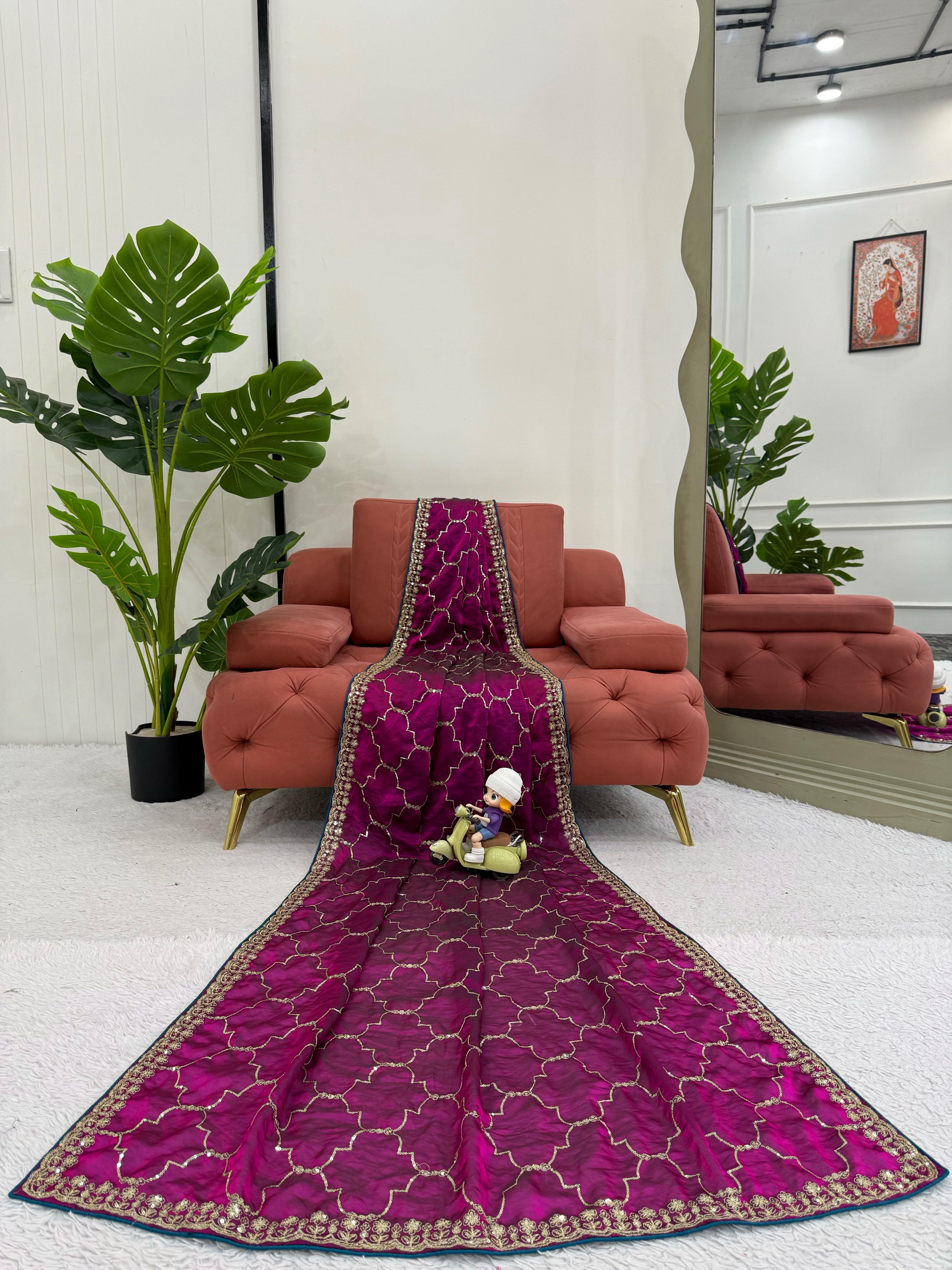 Wine Color Sequence Work Festive Wear Saree