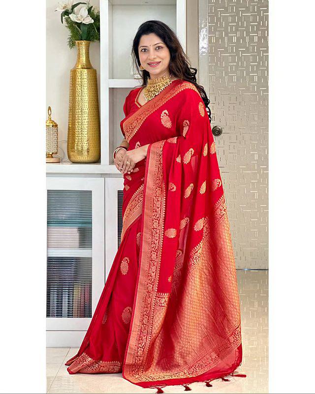 Glimmering Pure Silk Red Color Saree