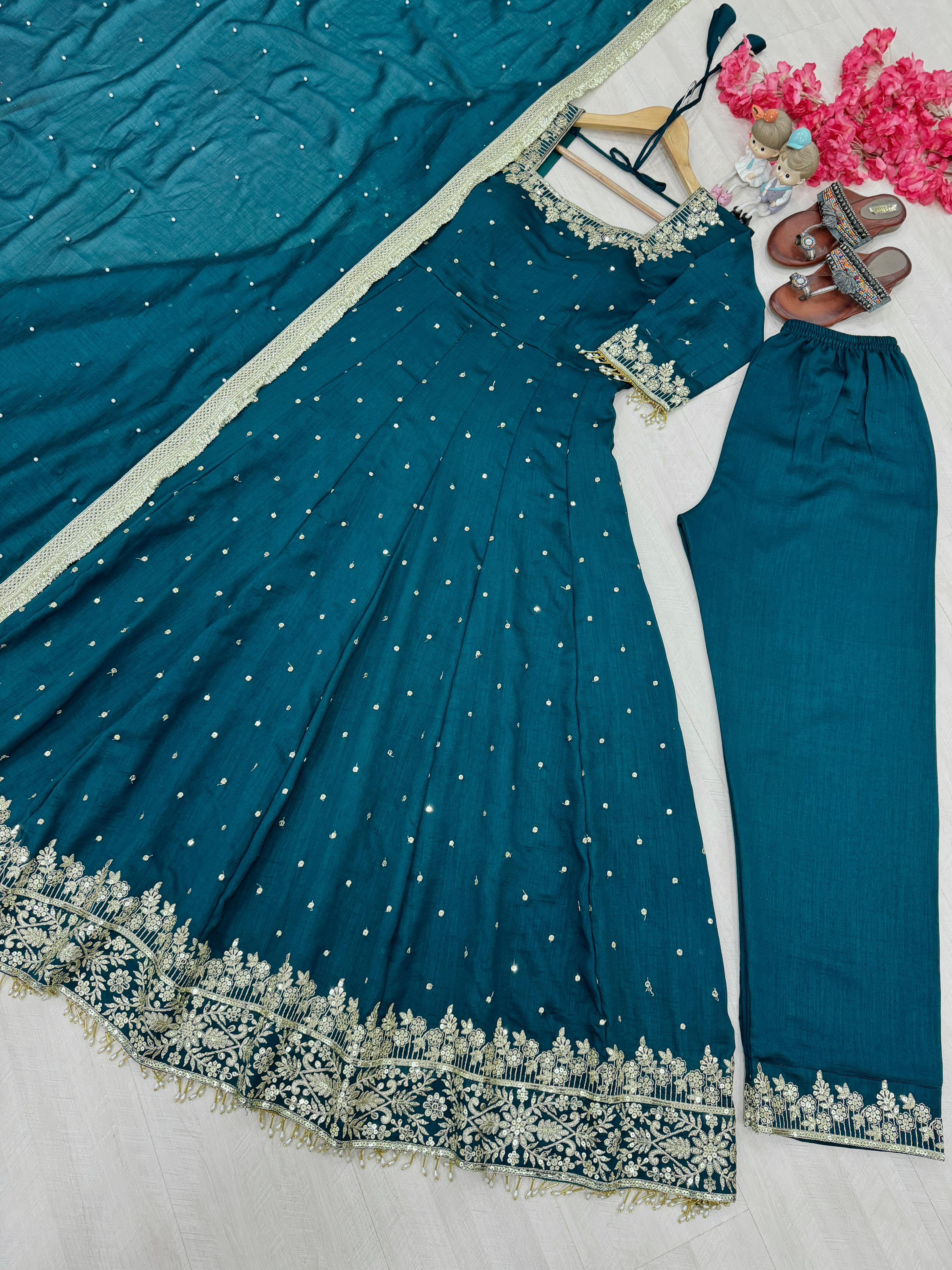 Glimmering Vichitra Silk Rama Color Anarkali Suit